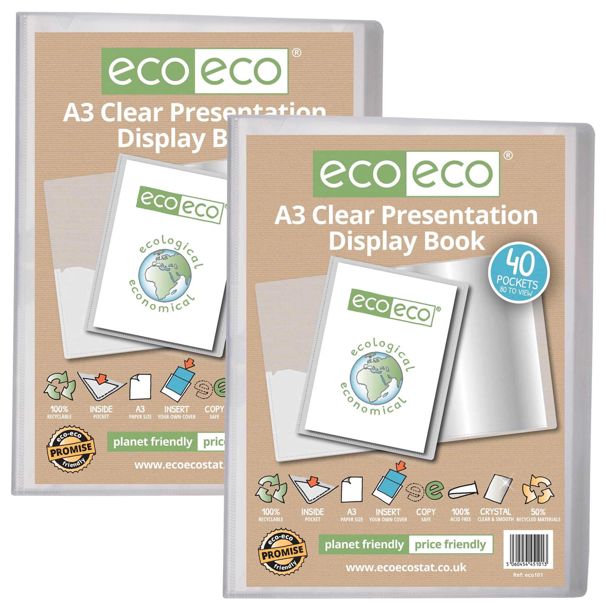 eco-eco A3 Size 50% Recycled 40 Pocket Clear Presentation Display Book, Storage Case Portfolio Art Folder with Plastic Sleeves, Pack of 2 Folders, eco101