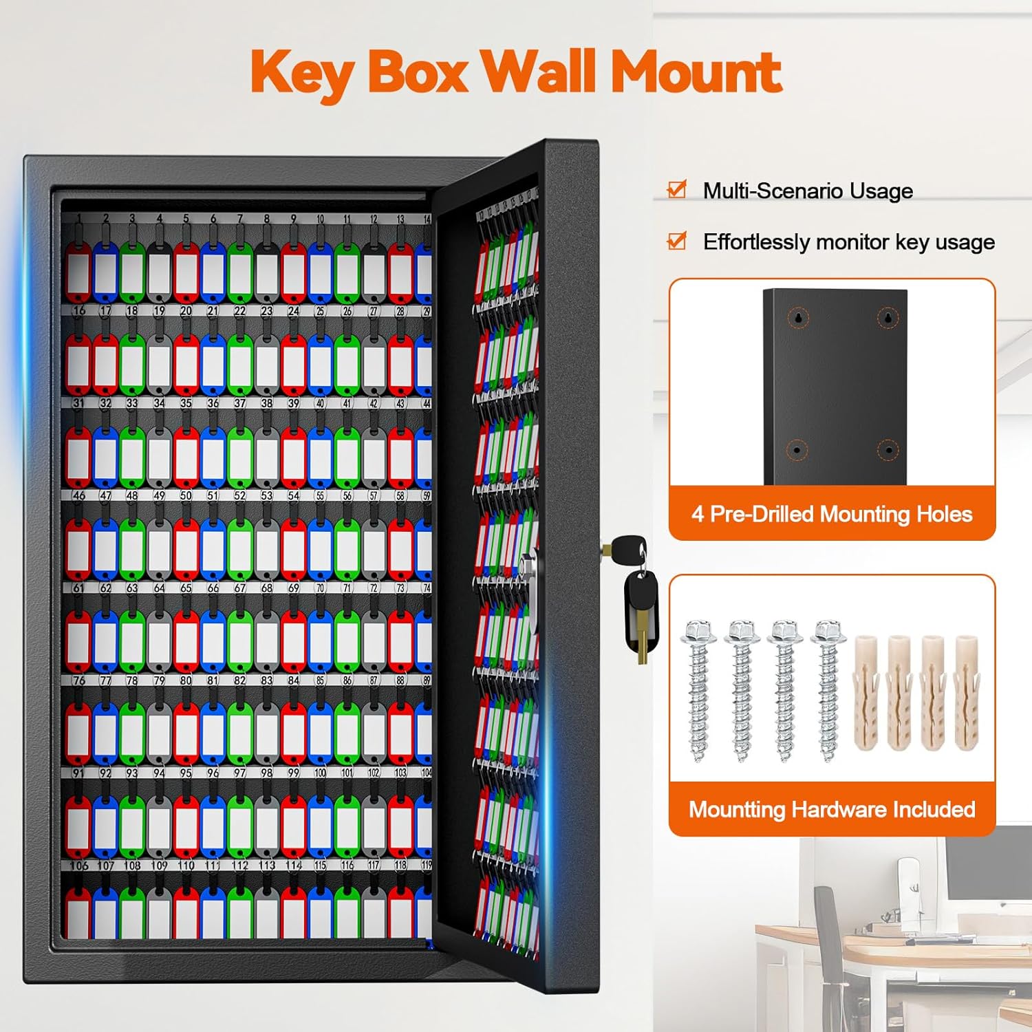 200 Position Large Key Lock Box Wall Mount, Heavy Duty Key Safe Box with Key Drop Slot and Colorful Key Tags, Anti-Theft Metal Key Storage Cabinet for Outdoor Home Garage Office