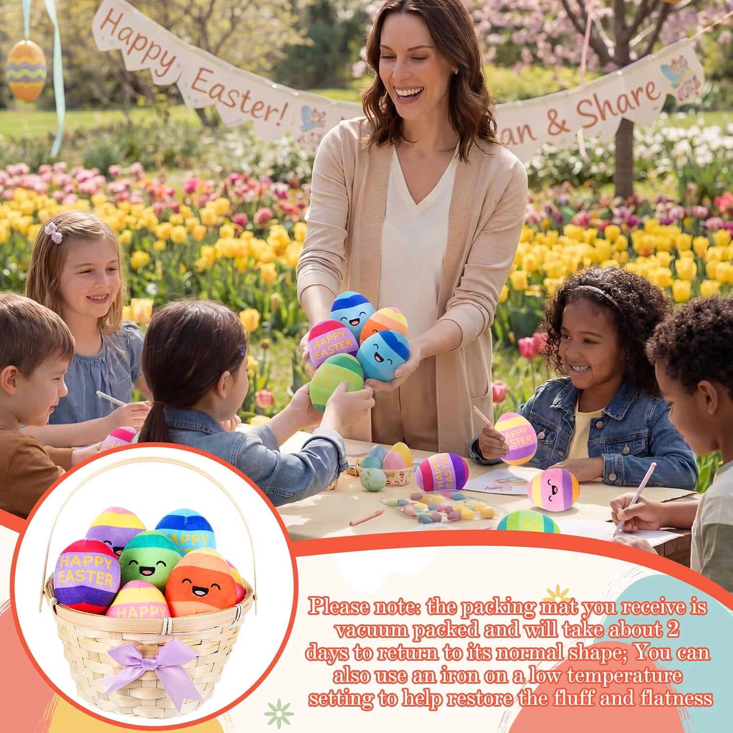 Thenshop 12 Pcs Easter Plush Eggs, Colorful Happy Easter Print Stuffed Eggs, Soft Basket Stuffers Goodie Bags and Party Favors for Hunting Party Favors Gift for Kids