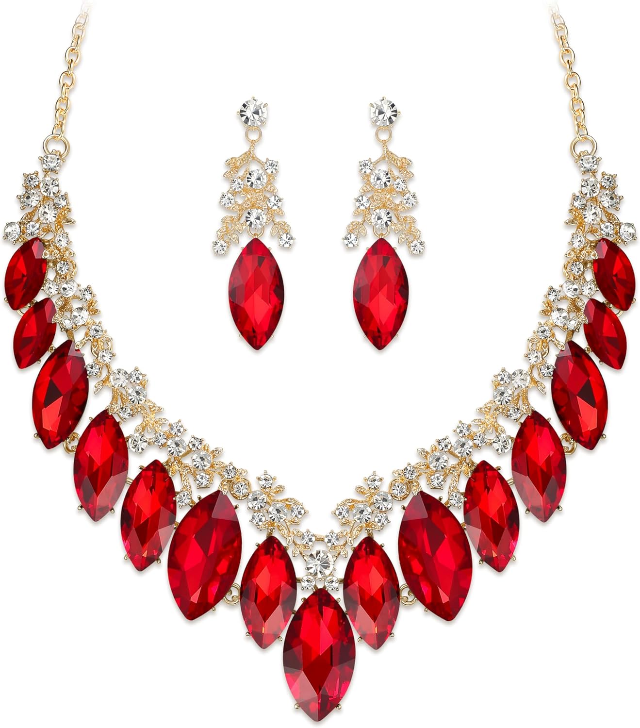 BriLove Statement Wedding Jewelery Set Shiny Gorgeous Crystal Marquise Cluster Necklace Earrings for Women's Bridal Party Prom Accessories