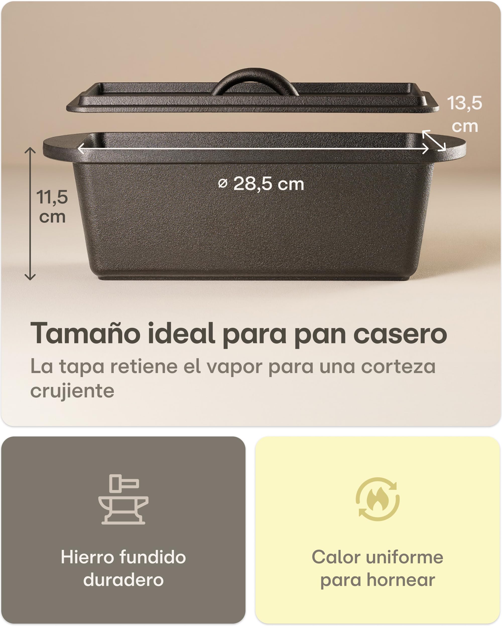 Praknu Set Olla Hierro Fundido (28 × 12 cm) – Cacerola Hierro Fundido Para Pan – Con Banetón Y Bolsa Para Pan – Tapa Incluida – 3 L Dutch Oven – Accesorios Pan y Cocina
