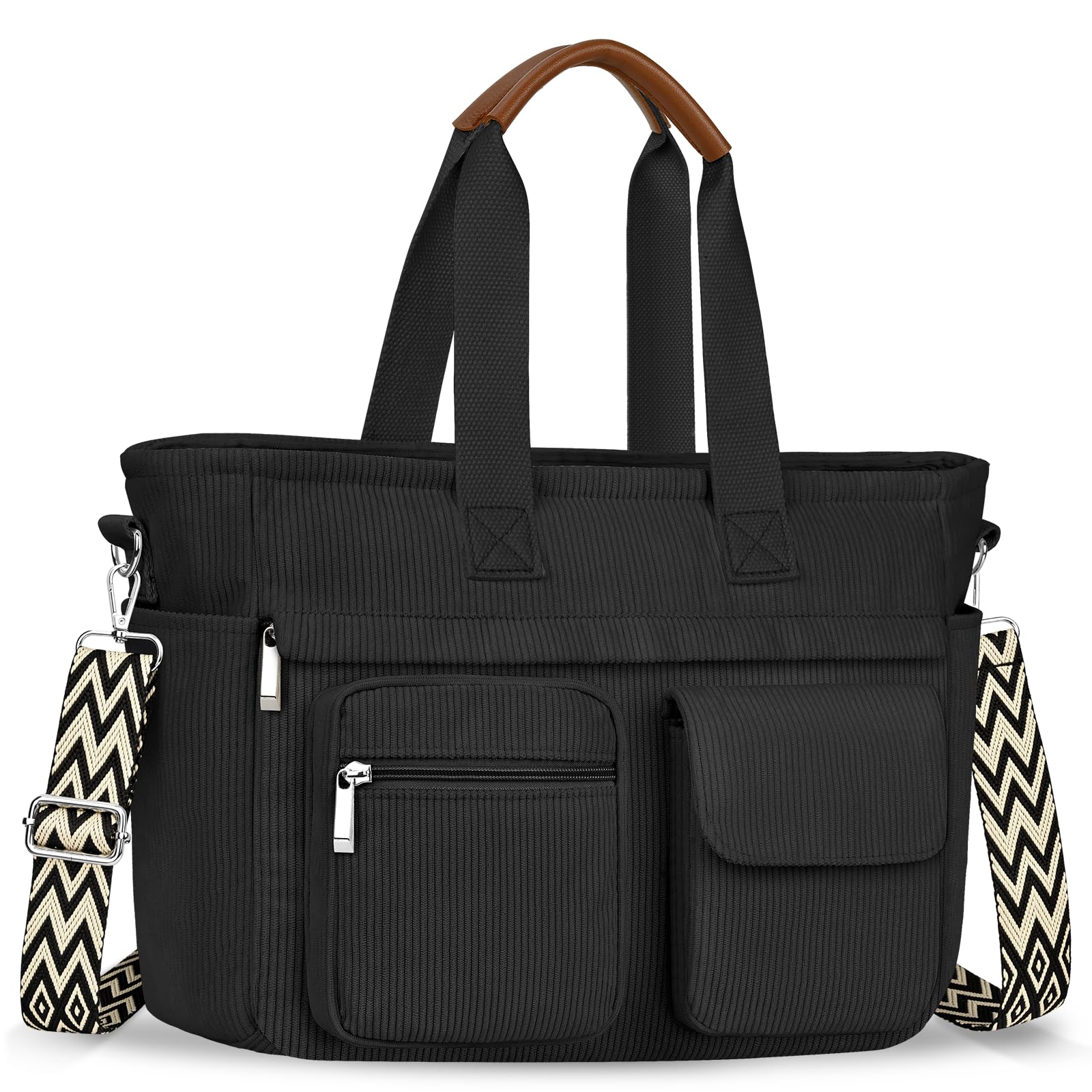 Sac a Main Femme en Velours Côtelé, Grand Tote Bag Bandoulière Réglable avec Fermeture à Glissière et Poches, Léger Sacs à main Ordinateur 13-14" pour Travail Shopping Université Voyage