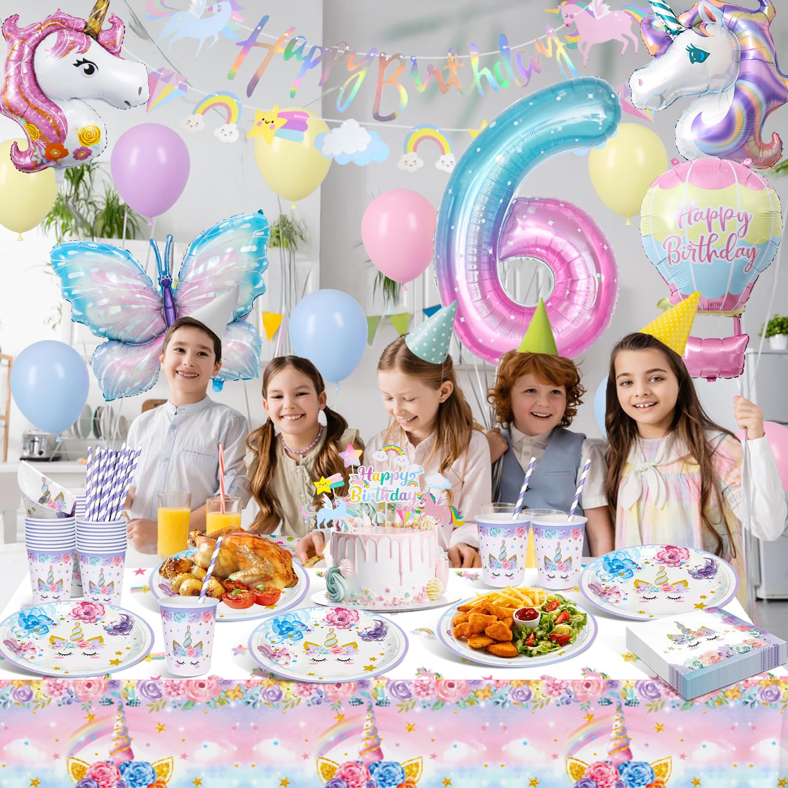 Stoviglie per Feste, Unicorno Palloncini Decorazioni Compleanno 6 Anni con Farfalla Palloncini, Decorazioni Unicorno Compleanno per 6 Anni Ragazze 16 Ospiti