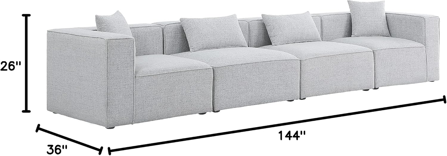 Meridian Furniture 630Grey-S144B Cube Collection Modern | Contemporary Linen Textured Fabric Upholstered Modular Sofa, Grey, 144" W x 36" D x 26" H