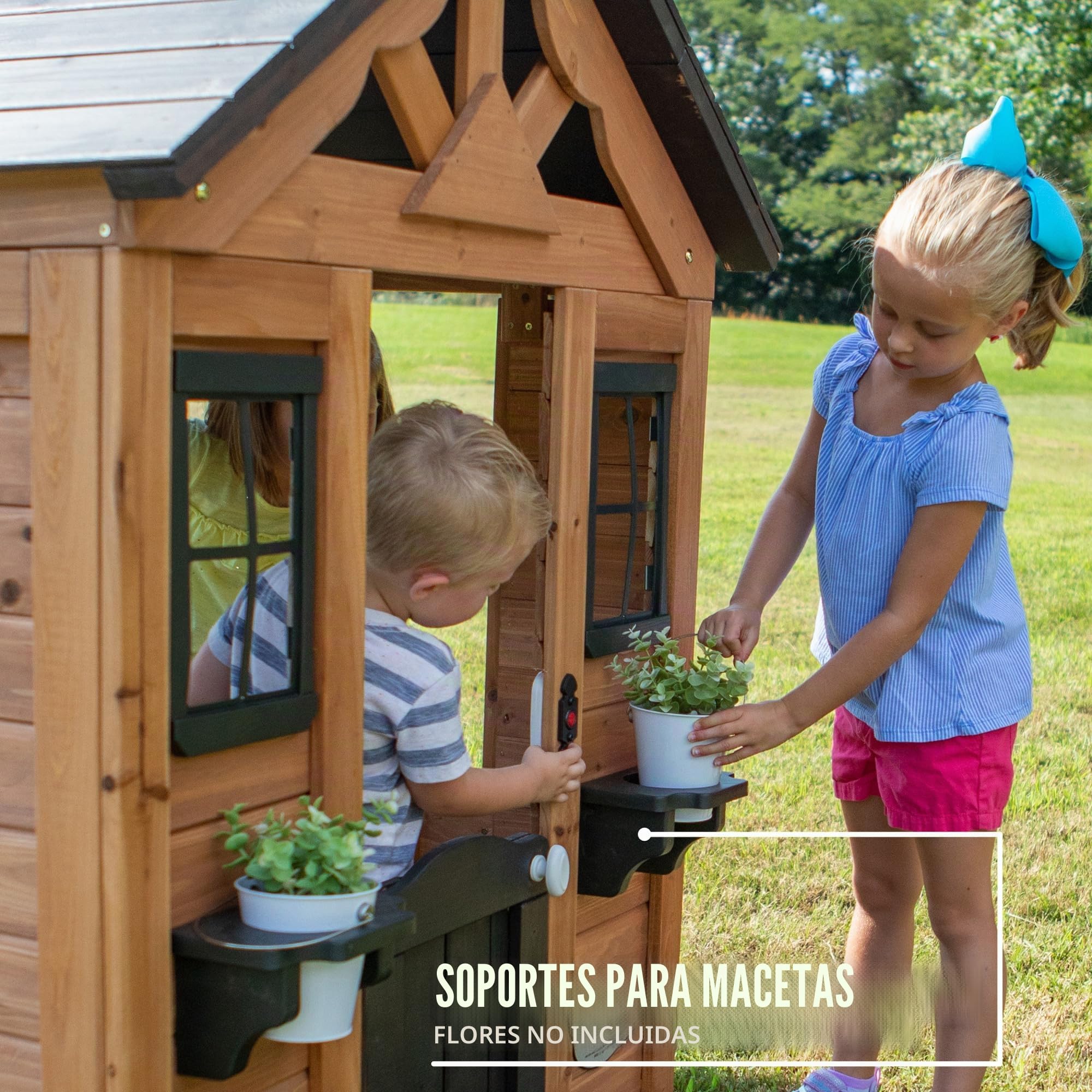 Backyard Discovery Sweetwater Casa Infantil de Madera Marron Negro Casita de Juegos Jardin Exterior Accesorios Ventanas