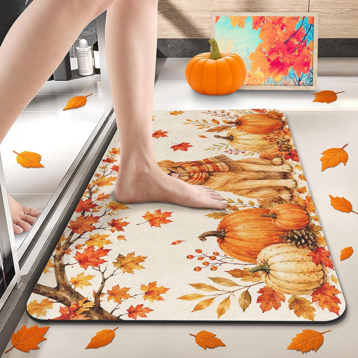 Arttown Pumpkin Dog decorative bath mat in a 17 by 30 inch size