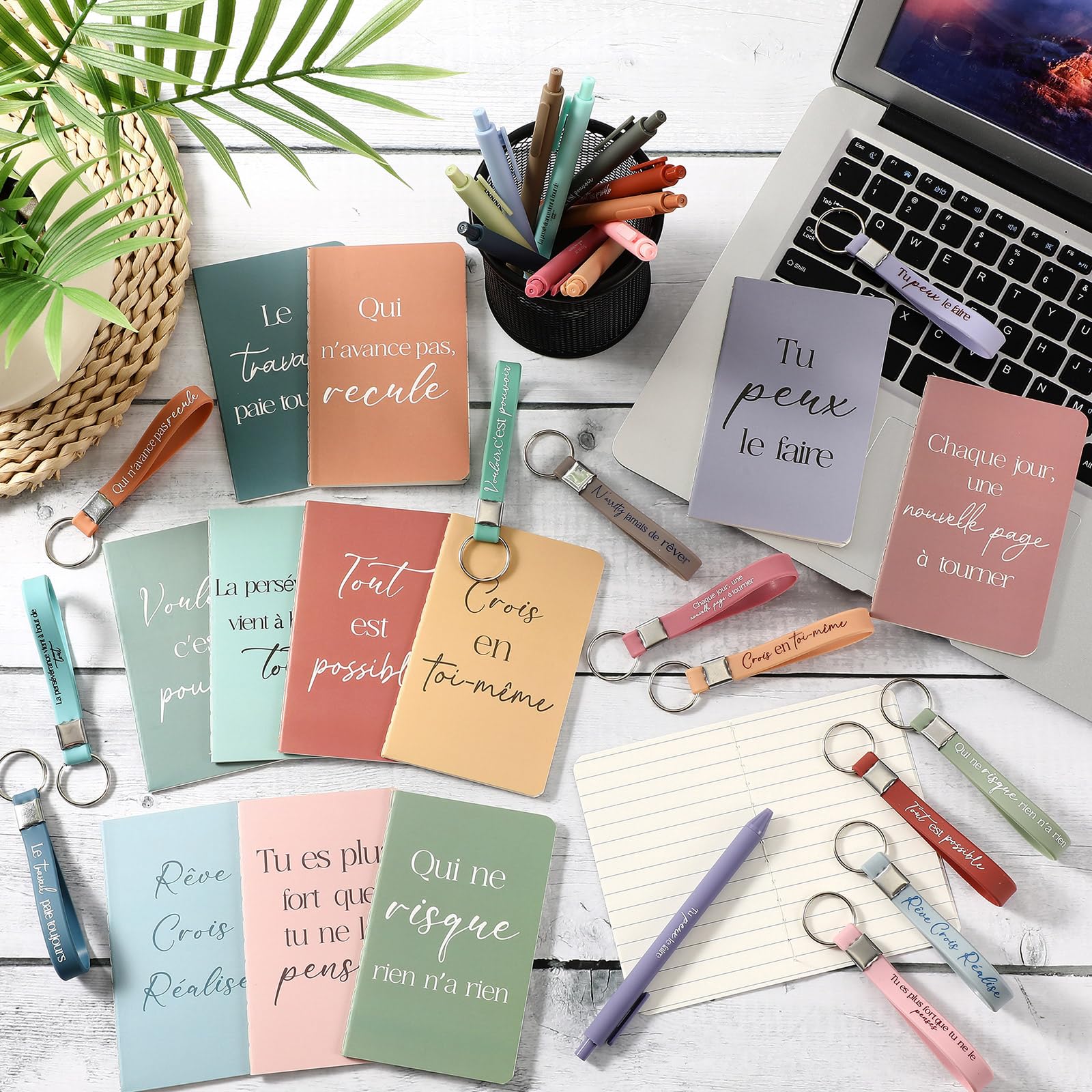 Faccito Lot de 24 Sets Cadeau Motivation Carnet Stylo Porte-Clés en Silicone Citations Inspirants, Coffret Remerciement pour Collègues, Employés, Enseignants, Départ, Anniversaire, Noël