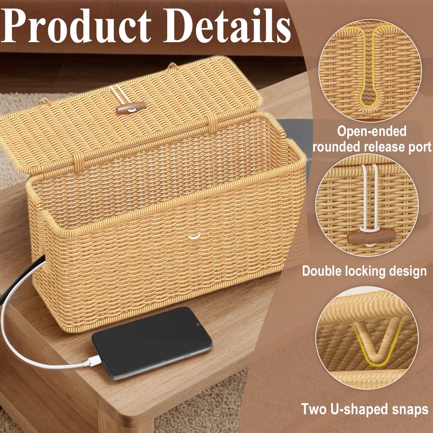 Kabelbox Aus Rattan-Optik - Handgefertigte Kabelmanagement Box Mit Steckdosenleiste | 31,5x13x13 Cm