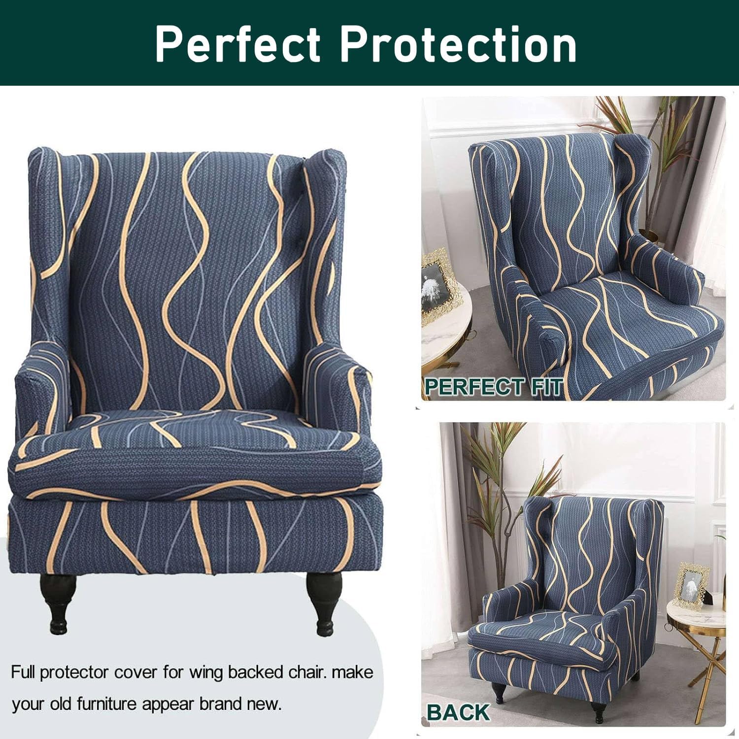 Printed Wingback Chair Covers with Arms, Lazy Boy Wingback Recliner Chair Slipcovers 2 Piece Armchair Slipcover for Living Room (9,one Size)