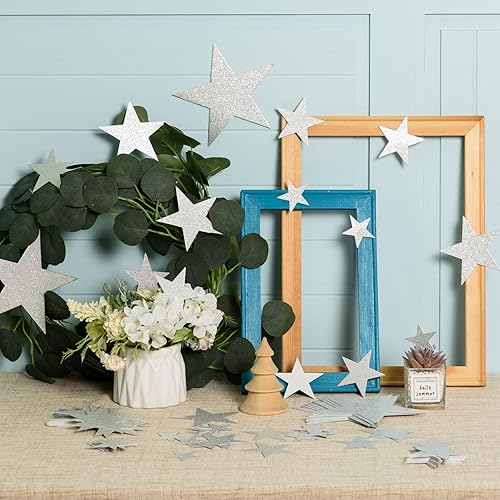 Miniatura 10 de 180 piezas de papel de recorte de estrella con purpurina dorada de cinco estrellas, decoraciones de confeti de estrellas doradas para tablón