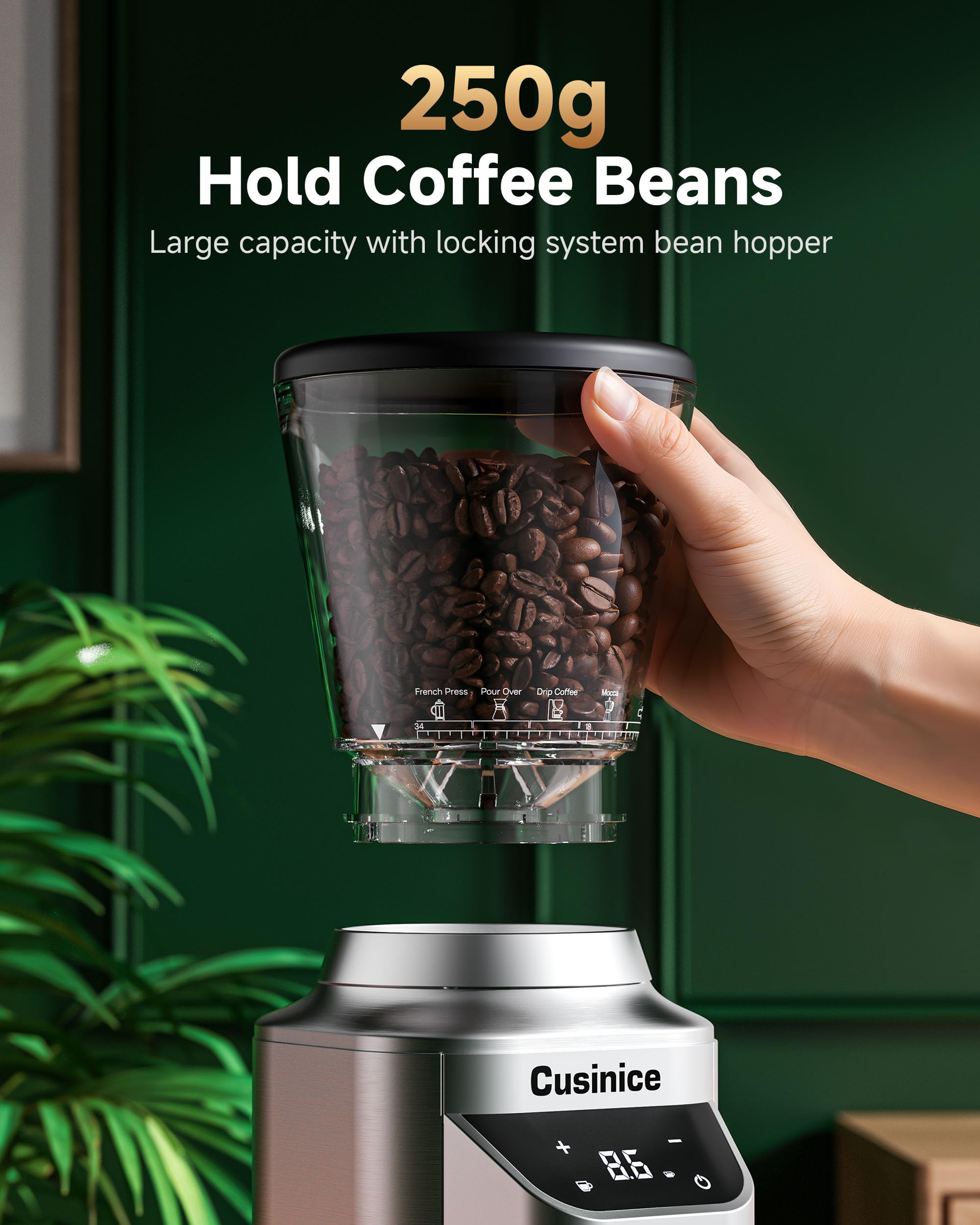Molinillo de café cónico – Molinillo eléctrico de espresso con 34 ajustes precisos – antiestático para uso doméstico, tolva de 320.3 g, acero inoxidable, plateado