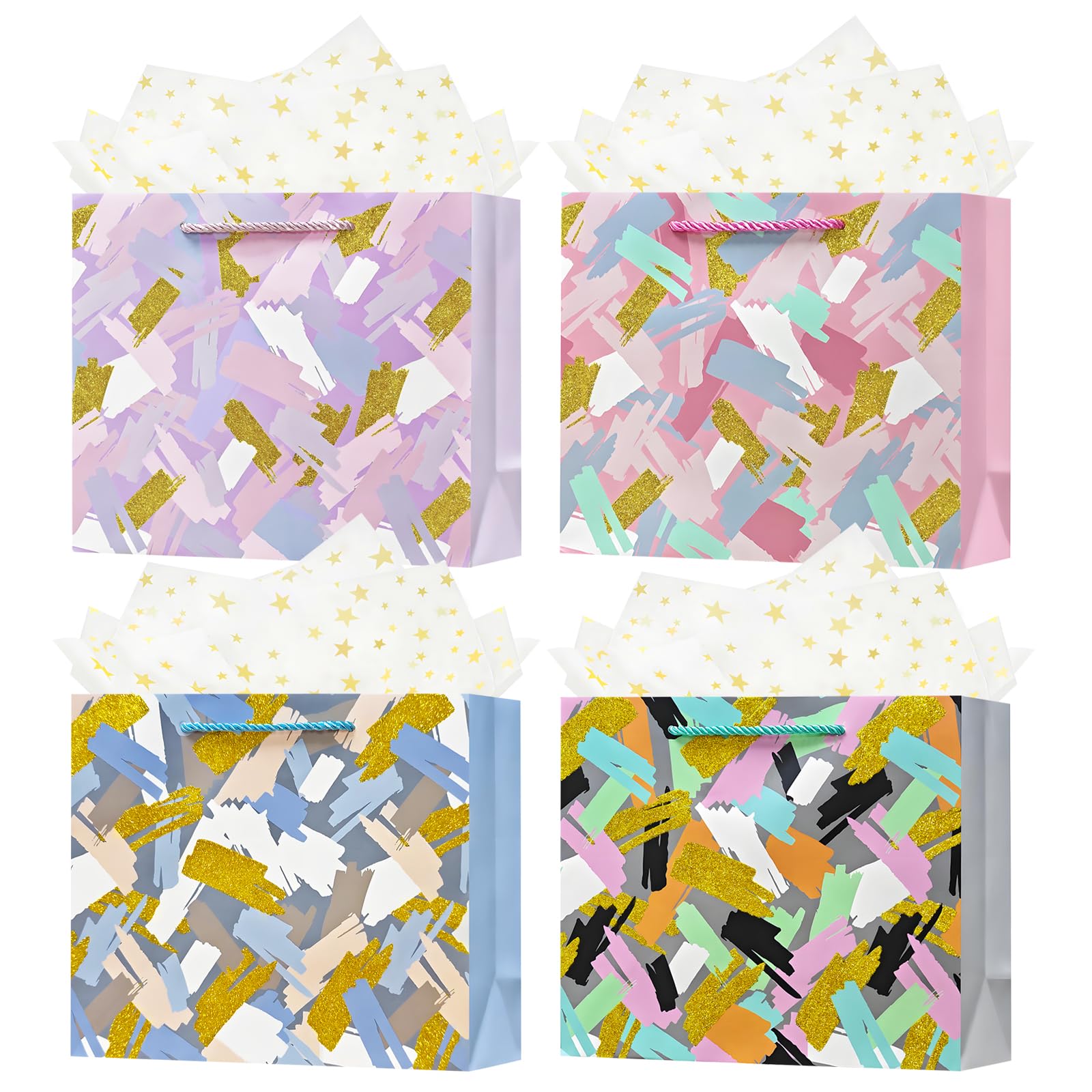 OFIHANLY 4Pcs 9.8" Small Size Gift Bag with Handles for Women Men Boy Girls Baby Kids Gold Glitter Gift Wrap Bags with Tissue Paper for Birthday,