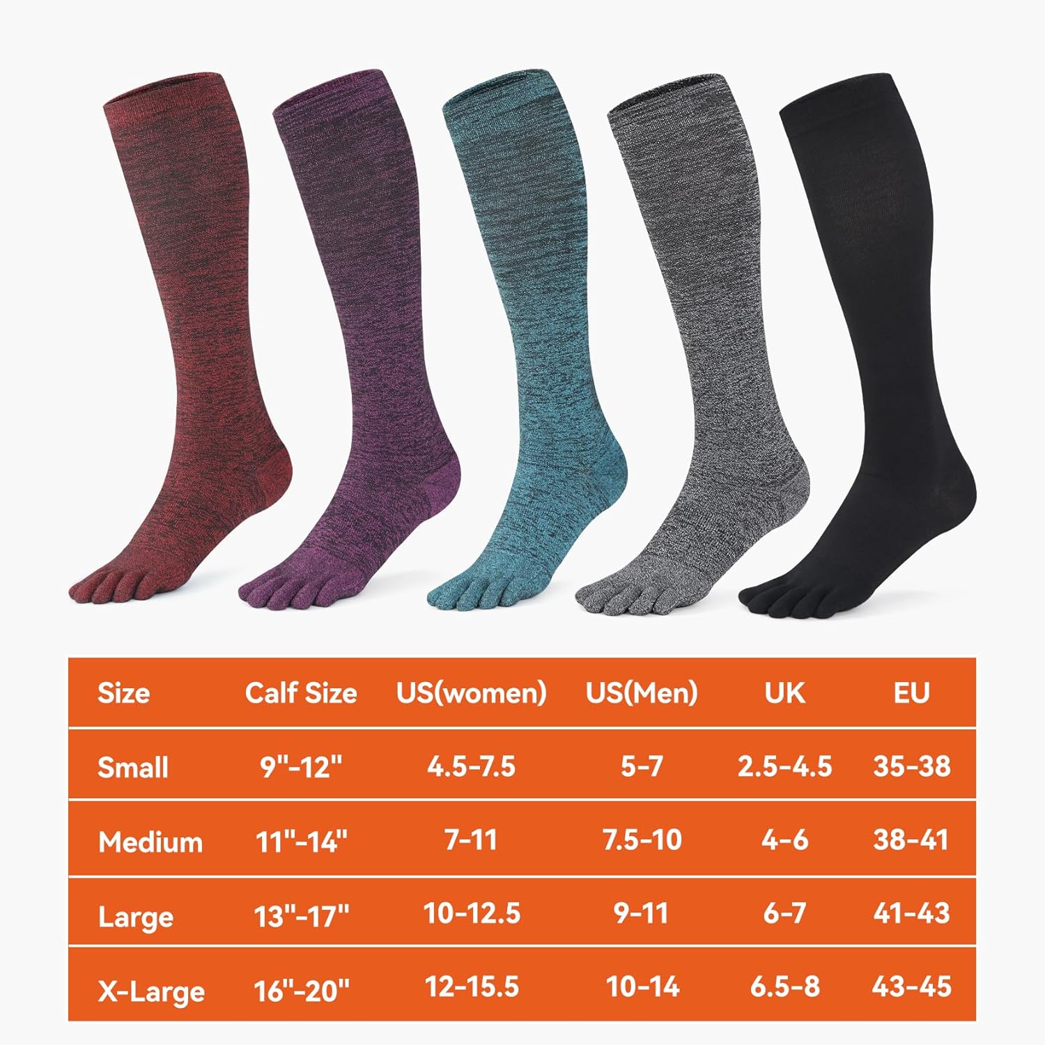 Coolmax Toe Compression Socks – Knee High Five Finger Stockings for Sports Enthusiasts Men & Women(3 pairs)