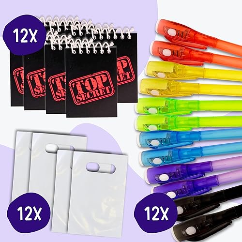Miniatura 3 de 4E's Novelty 12 bolígrafos de tinta invisible con luz UV, 12 mini cuadernos Top Secret y 12 bolsas blancas de regalo, divertidos recuerdos de fiesta