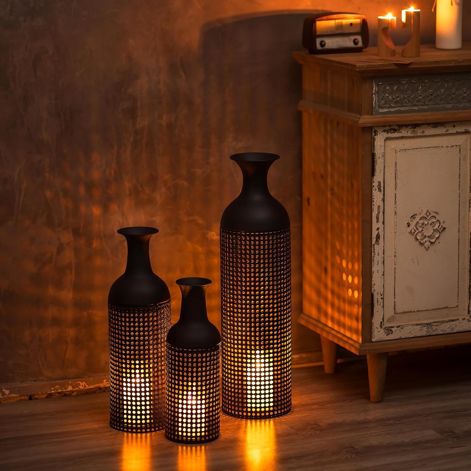 Sziqiqi Black Large Floor Vases: Tall Vases Floor Standing for Living Room 27/20/16in - Metal Tall Floor Vase Set of 3 - Modern Oversized Floor Vase for Bedroom Kitchen Fireplace Corner - Image 2