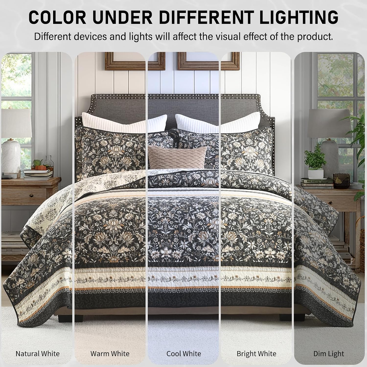 KALOOLA Farmhouse Quilt Set King Size - 100% Cotton Lightweight Garden Botanical Striped Quilted Bedspread with 2 Pillowshams, Reversible Bedding Coverlet for All Season, Charcoal/Gray/Brown, 3Pcs