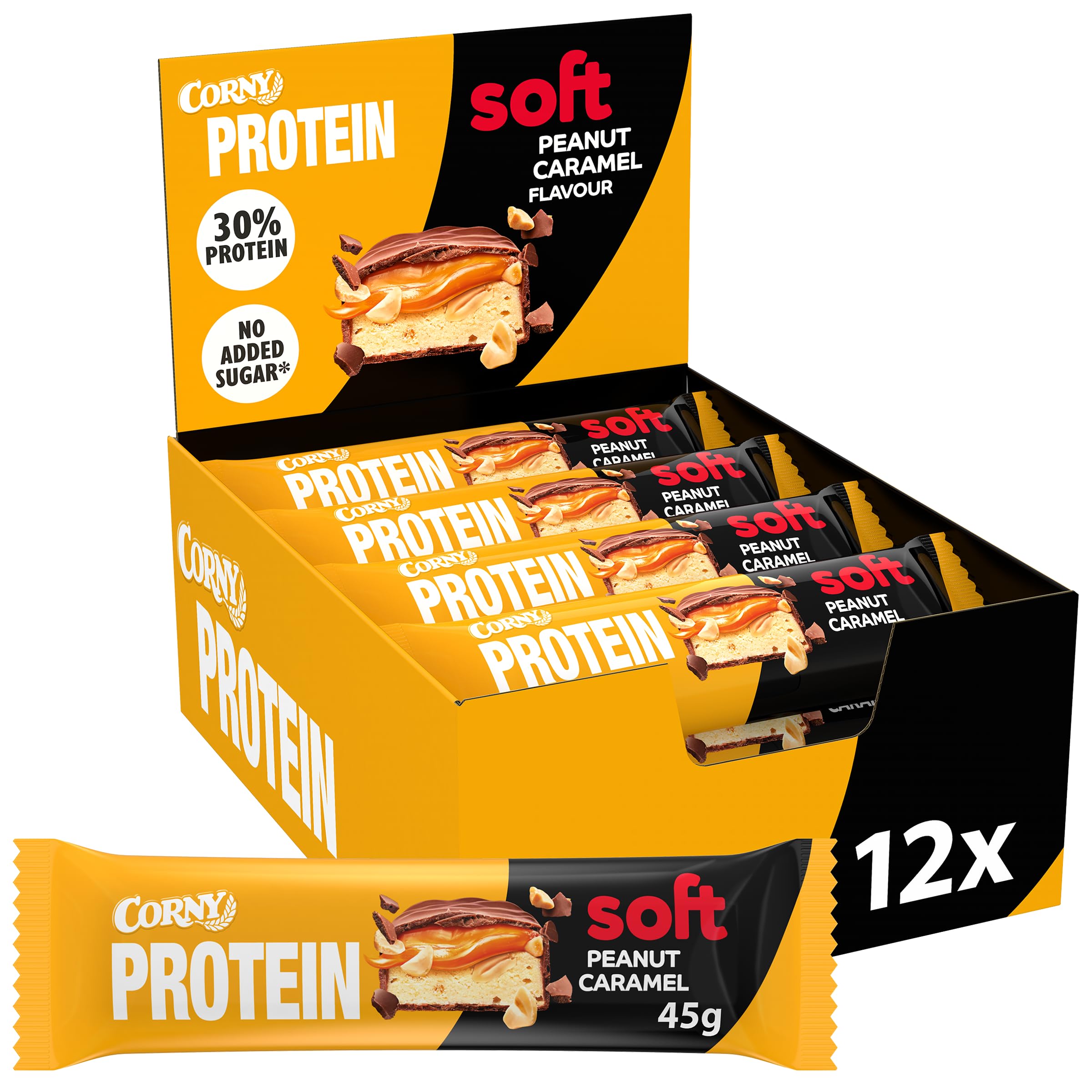 Barres protéinées, Corny Protein,Chocolat au Lait, Caramel et Cacahuètes,13,5 gr de protéines, 0% de sucres ajoutés, Pack de 12x45g, Taste the Power