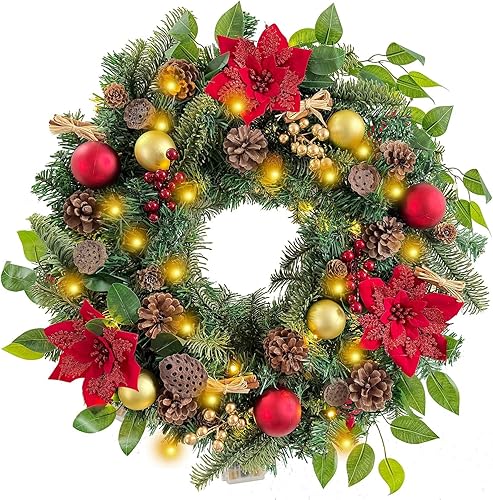 Vista 29 de WANNA-CUL Corona de Navidad preiluminada de 24 pulgadas para puerta delantera, decoración de puerta de Navidad iluminada en azul plateado