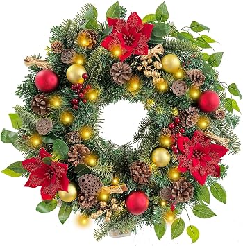 WANNA-CUL Pre-Lit 24 Inch Red Gold Christmas Wreath for Front Door | Lighted Luxury Door Wreath Decoration with 30 LED Timer Lights,Ball Ornaments,Poinsettia,Berries, and Lotus,Battery Operated