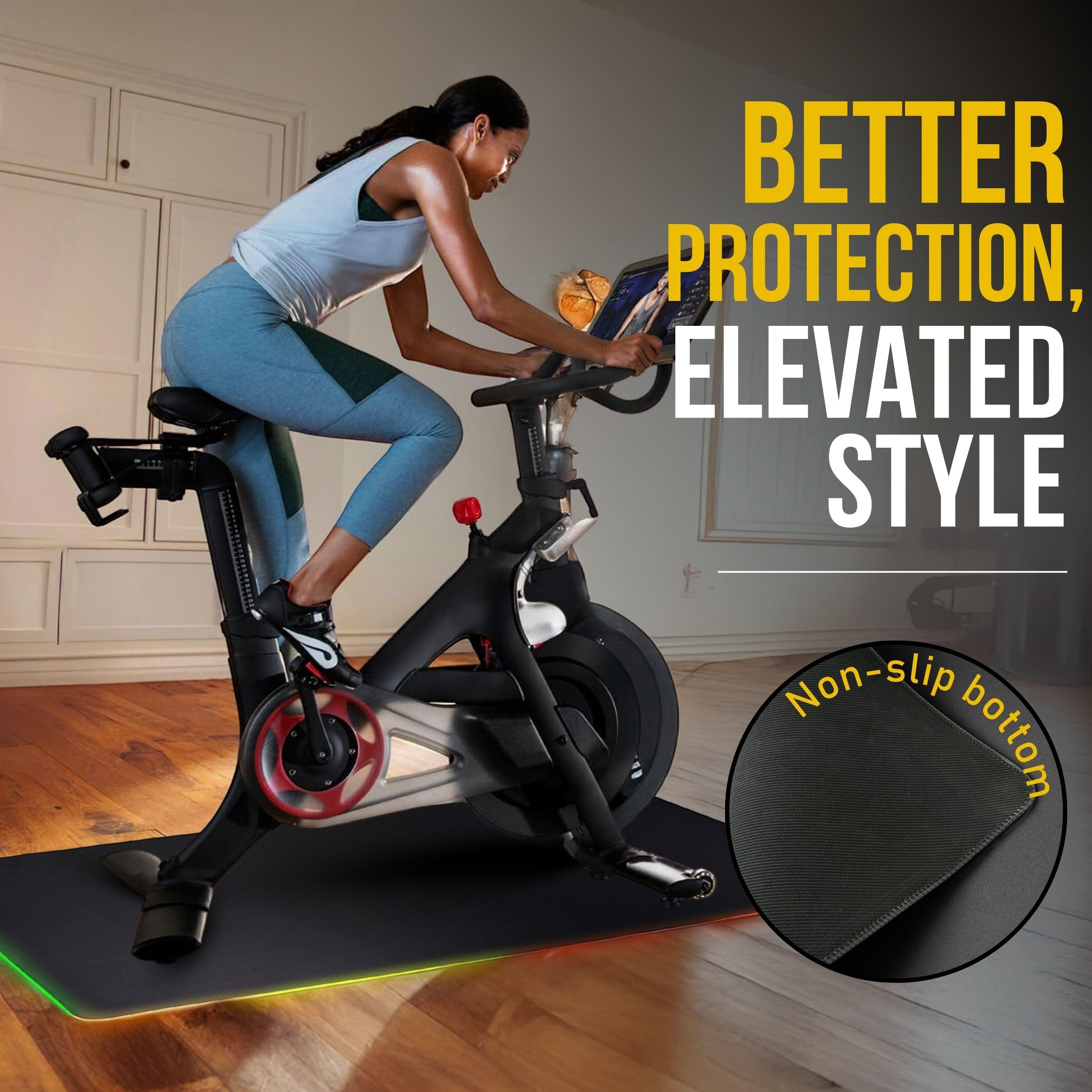 LED Exercise Equipment Mat 24x48in / 30x60in - Stylish Non-Slip Floor Protection for Spin Bikes, Walking Pads, and Ellipticals - Exercise Bike Mat, Peloton Bike Mat, Peloton accessories