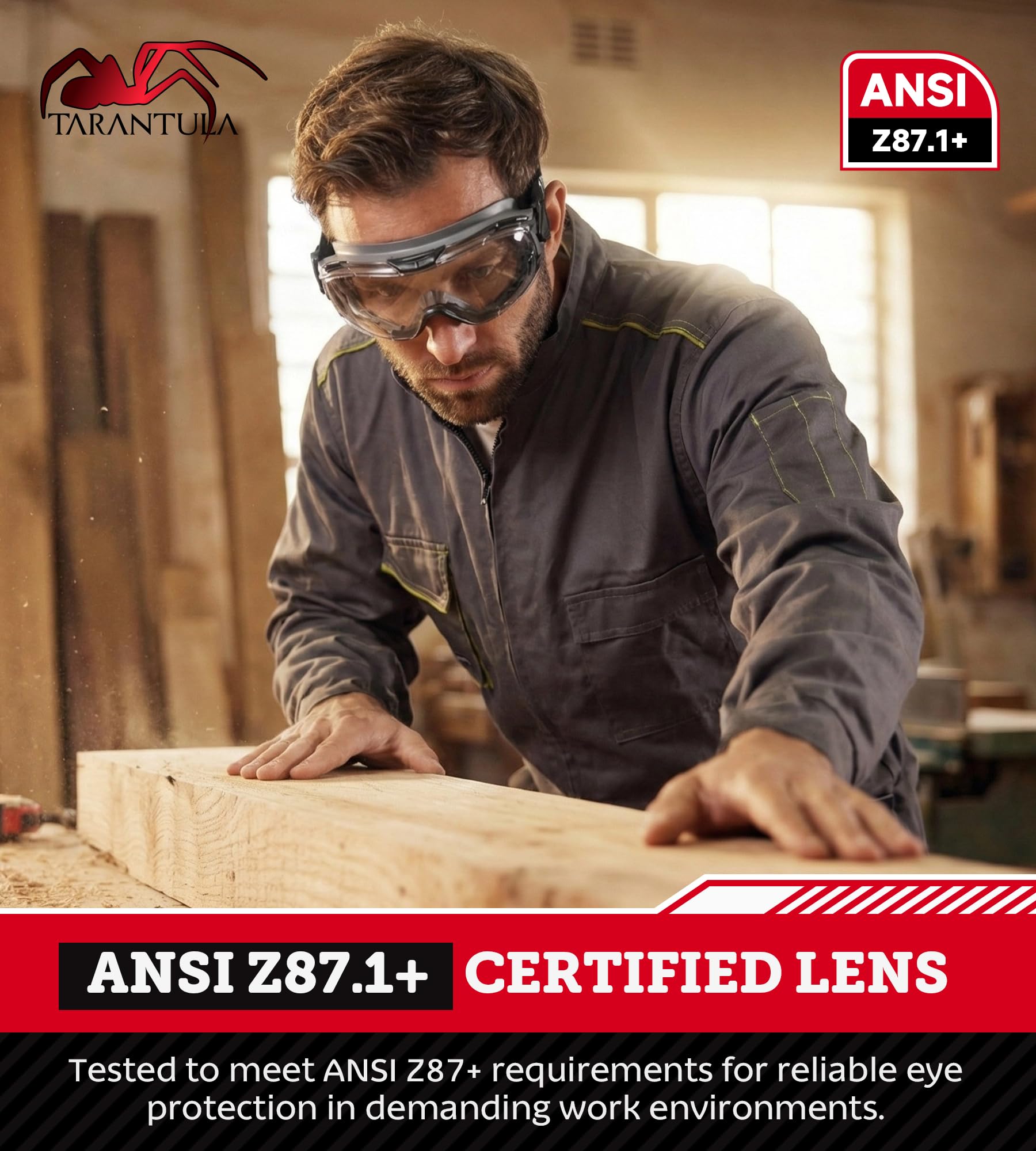 Tarantula ANSI Z87.1+ Occhiali di sicurezza sopra gli occhiali, lenti UV380 anti-appannamento e antigraffio, cinturino regolabile, protezione per gli occhi ad alto impatto, per laboratorio