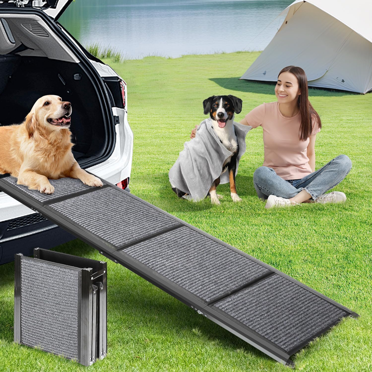 Dog Ramp, 180cm Long Folding Dog Ramps for Cars with Pet Blanket, Anti-Slip Surface, Pet Stairs Ramp for Dogs to Get Into a SUV, Truck