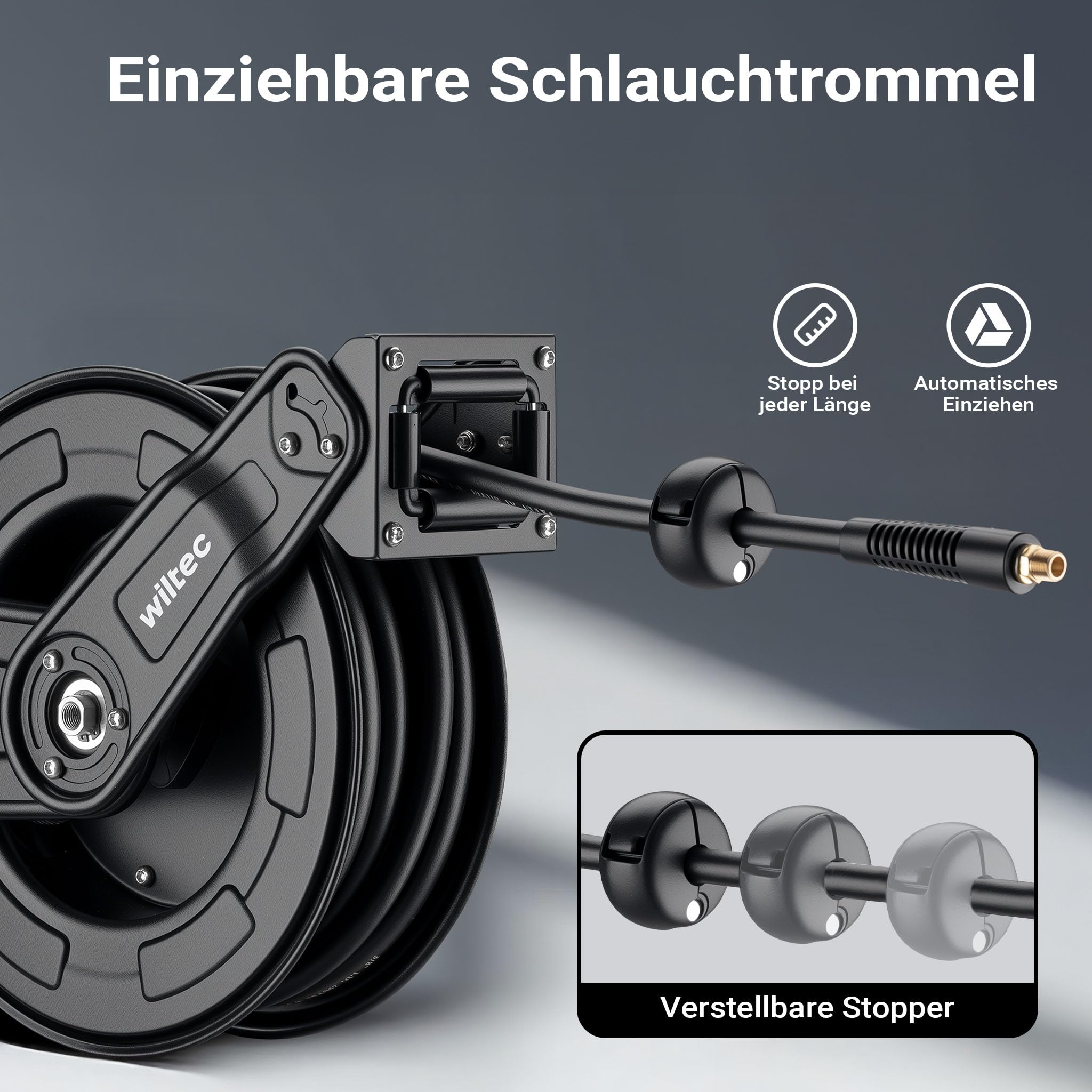Wiltec Druckluft Schlauchtrommel 20 m, automatische Druckluftschlauchtrommel Stahl, 20 bar Drucklufttrommel, Schlauchaufroller einfache Montage