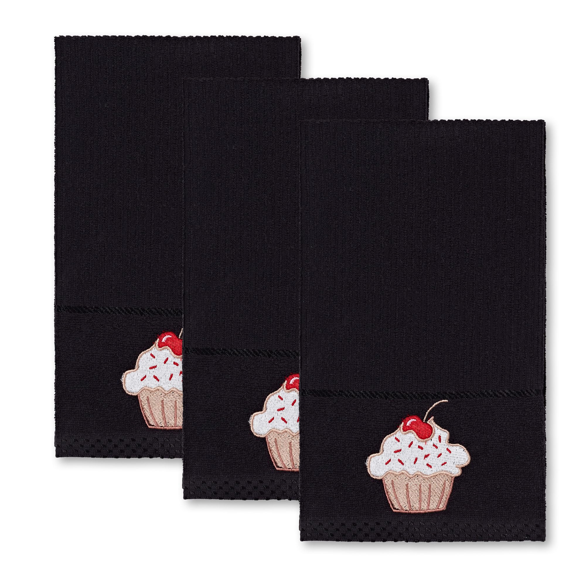 La Maison Woven Embroidered Tea Towels Pack of 3 Large 40 x 70cm Super Absorbent Housewarming Gifts 4 Styles Cotton Rich (Black, Cupcake)