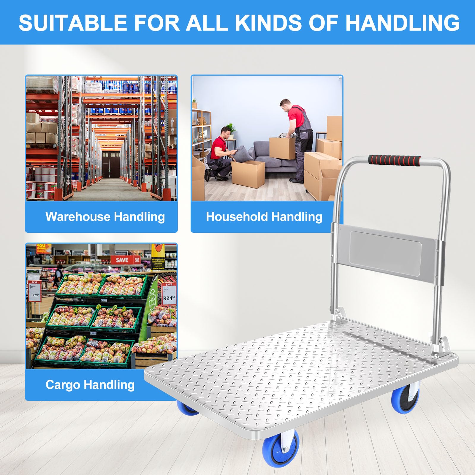Carrello pieghevole in acciaio al carbonio carrello a mano resistente (58 x 89 cm)