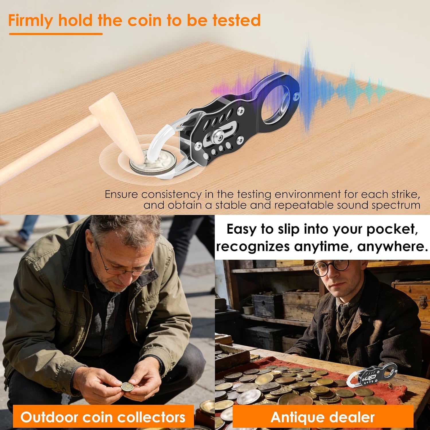 Silver Gold Coin Tester Kit, Portable Pocket Coin Tester Kit, Precious Metal Verifier, Coin Ping Testing Integrate Acoustic Magnetic and Dimensional Detection