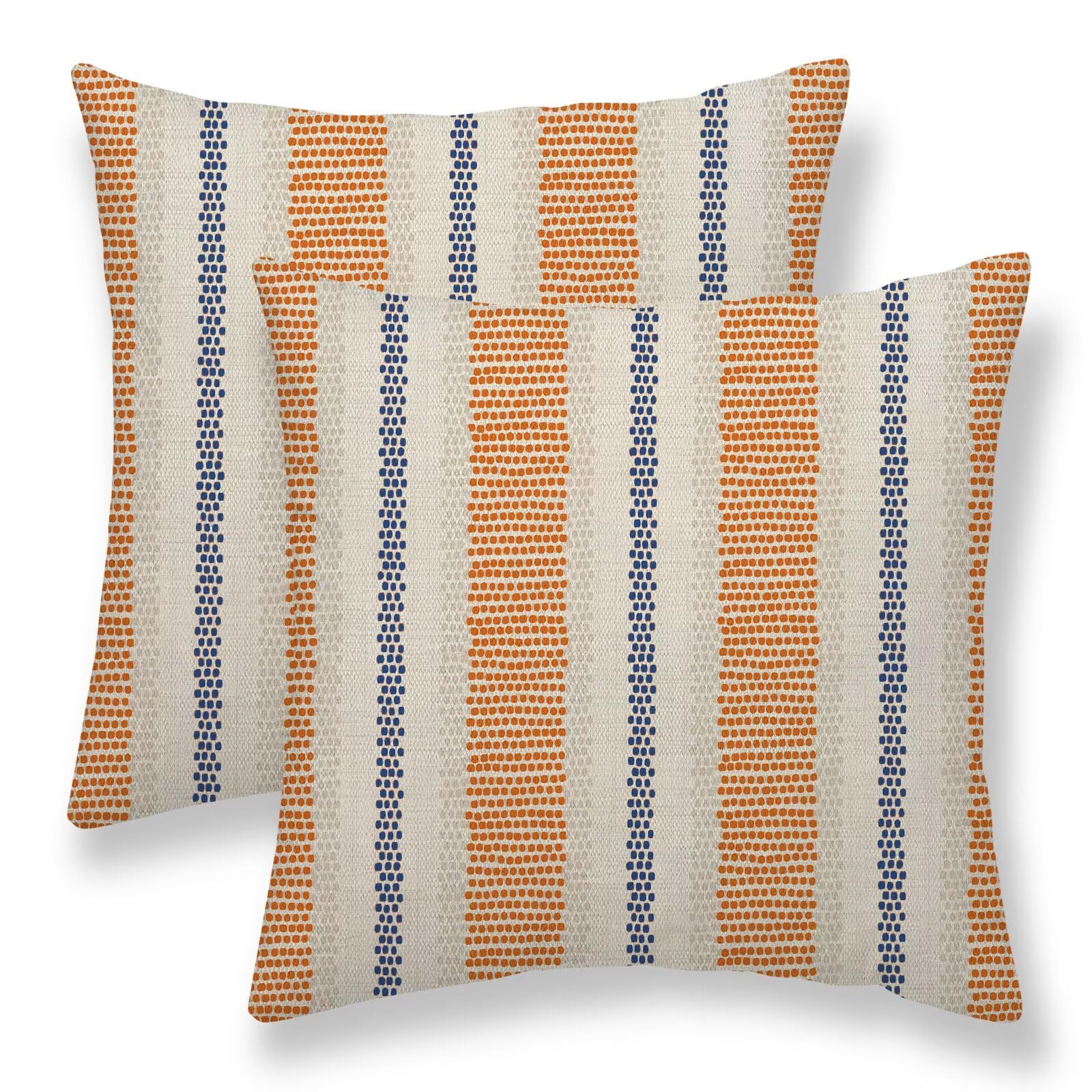 Sunshineyan Fall Boho Pillow Covers 16 x 16 Inch Set of 2 Burnt Orange Blue Polka Dot Striped Decorative Outdoor Throw Pillow Covers Linen Farmhouse