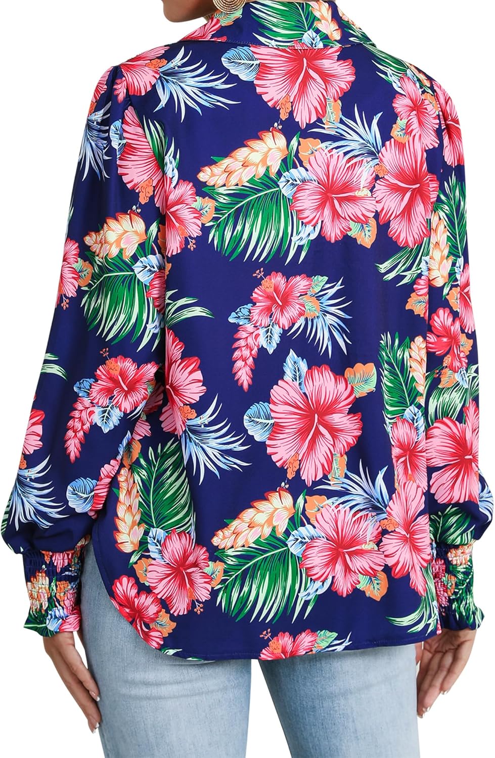 Womens Button Down Hawaiian Shirts Puff Long Sleeve Dressy Casual Floral Printed T-Shirt Trendy V Neck Comfy Boho Blouse Tops - Image 5
