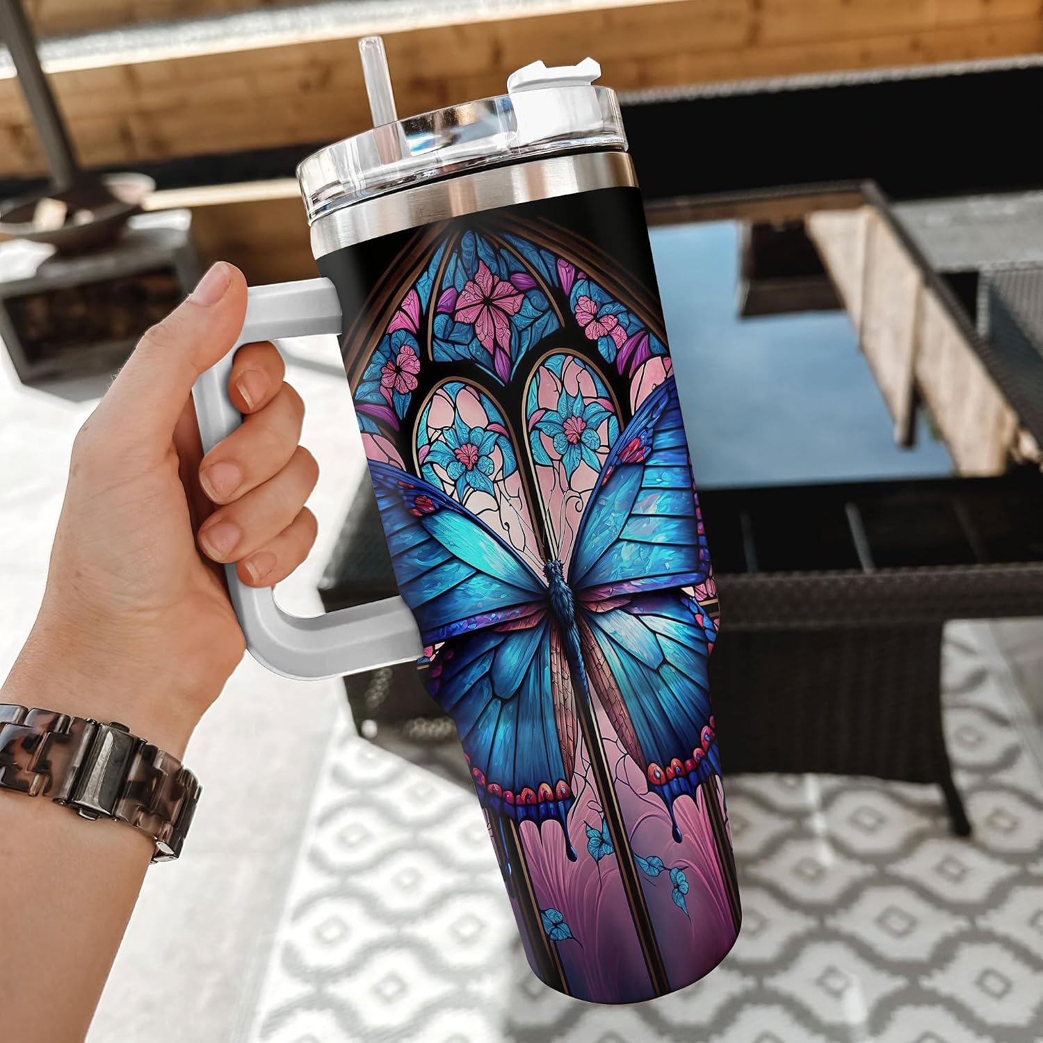 Hyturtle Personalized Gifts For Butterfly Lover Tumbler 40oz with Handle and Straw - Stainless Steel Travel Coffee Cup With Lid - Cute Animal Lover Gifts For Women, Girl On Birthday Christmas