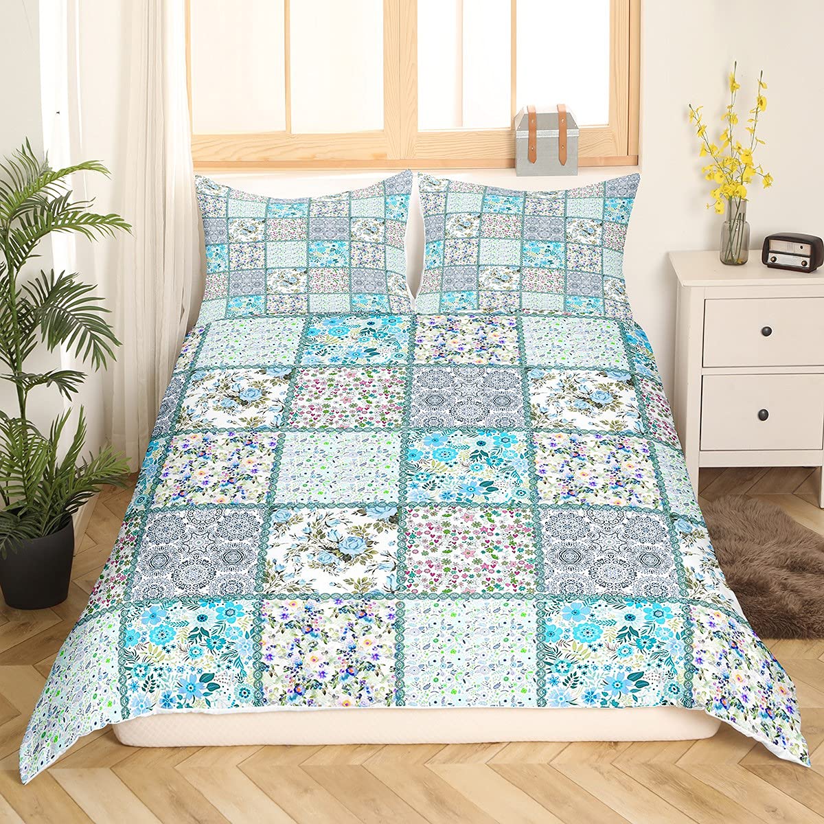 Housse de Couette Super King Anti-Glissement Floral Bleu Rose Lit Fille 3 Pcs