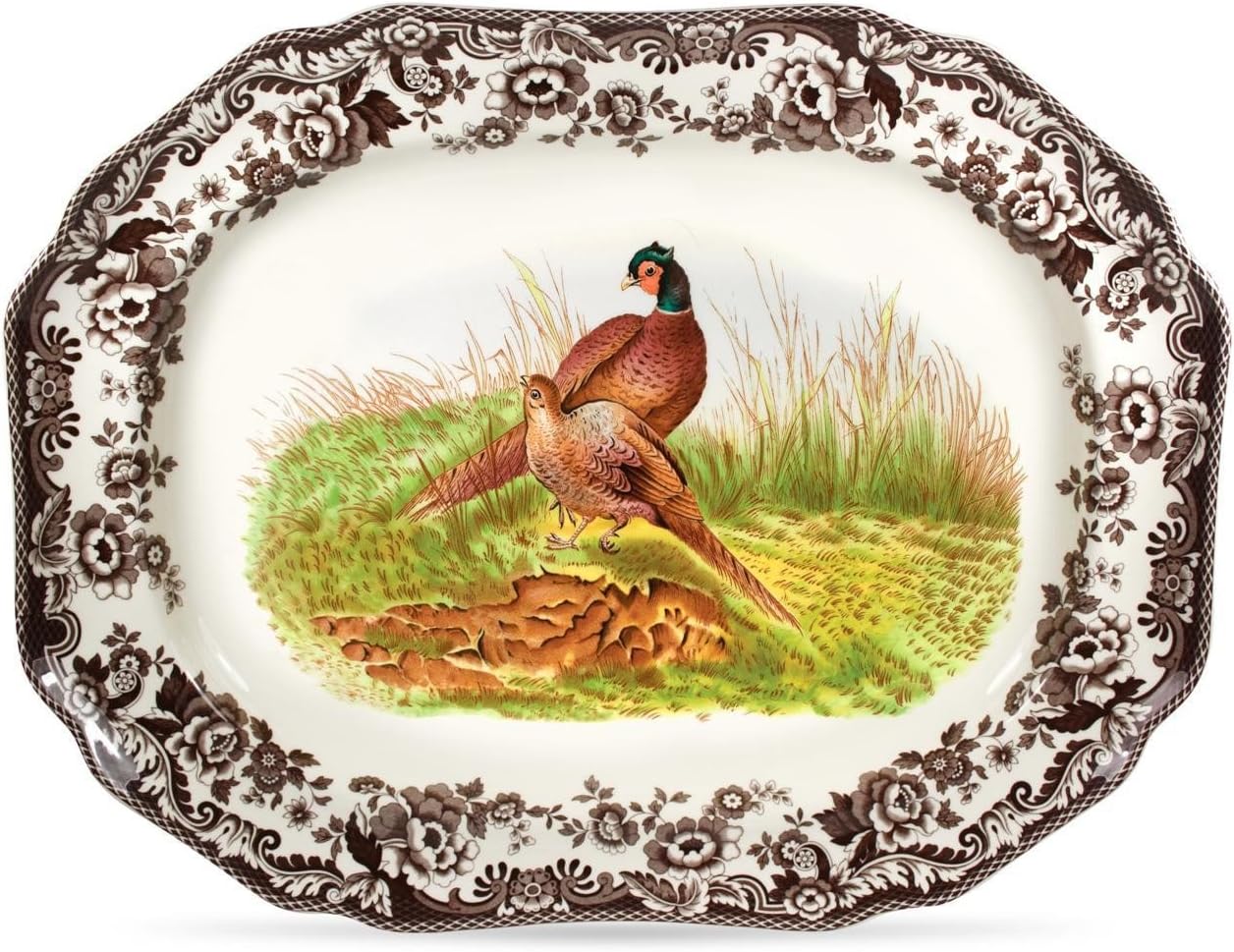 Spode Woodland 19" Octagonal Serving Platter, Turkey Motif - Fine Porcelain Thanksgiving Dinnerware with British Flower Boarder for Holiday Feasts and Family Gatherings, Microwave & Dishwasher Safe
