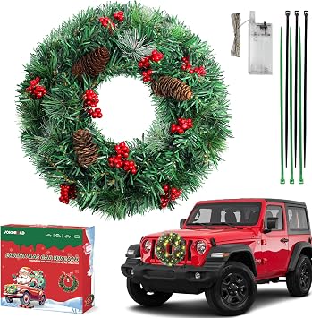 Lighted Christmas Car Wreath, 13" Artificial LED Car Wreath with Pine Cones, Berry Clusters, Frosted Branches for Front Grill, Light Powered Christmas Wreath Decor Fit Jeep Truck SUV RV and Golf Cart