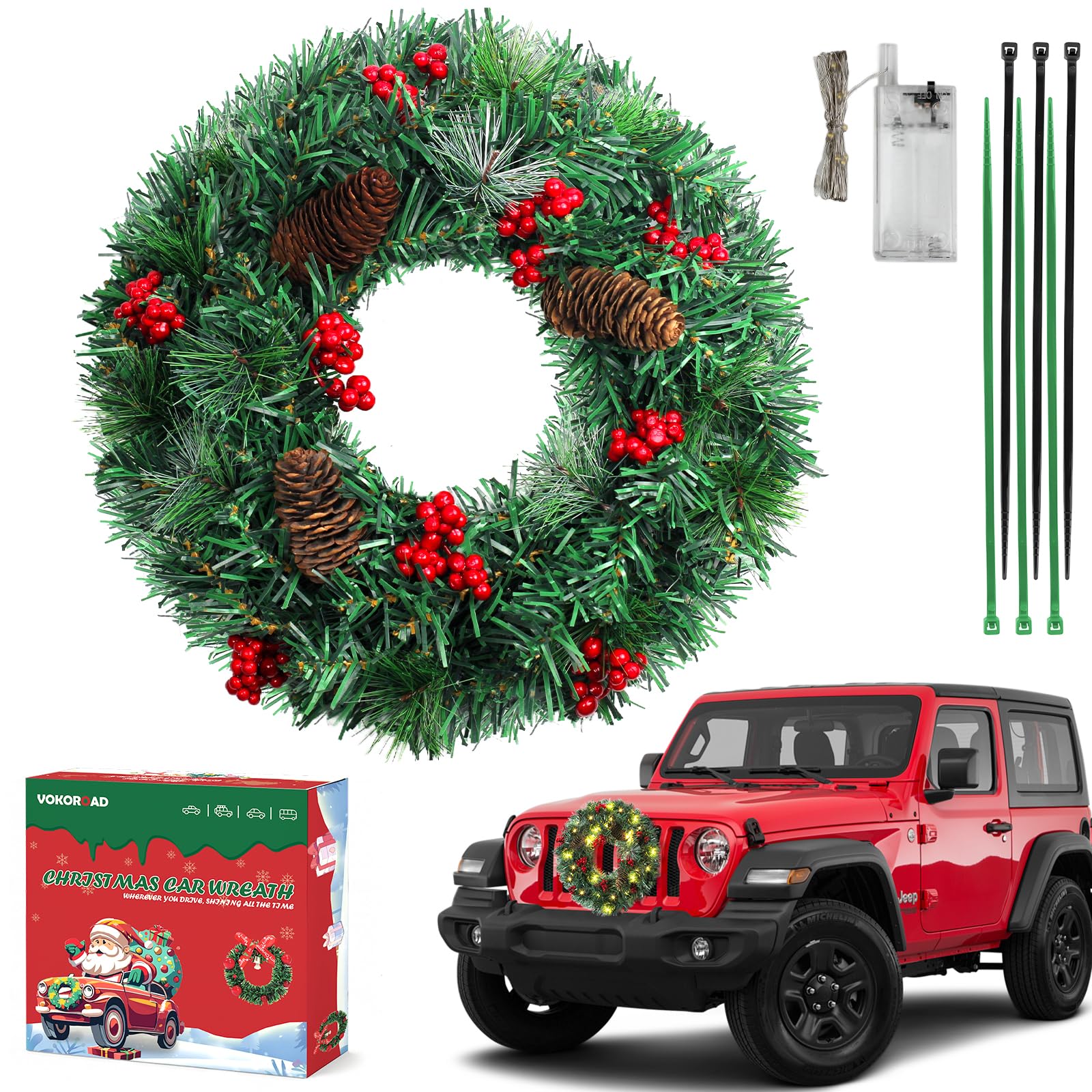 Couronne de Noël lumineuse pour calandre Jeep et SUV avec baies givrées