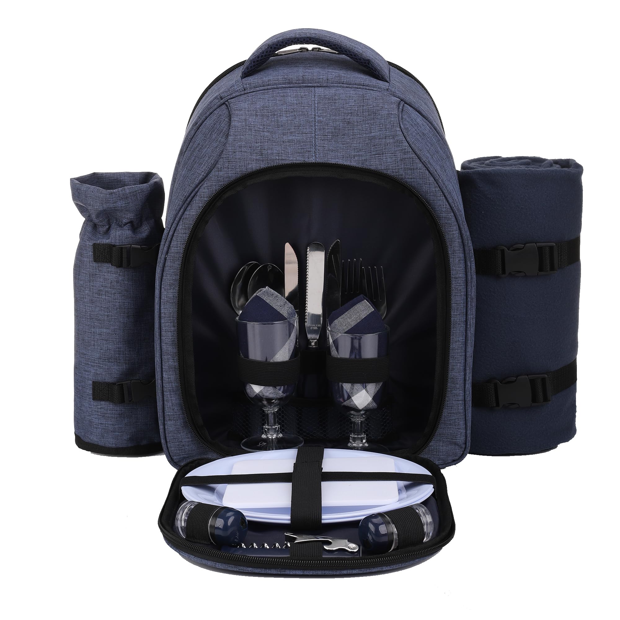 Picnic Backpack, 2-Person with Blanket &amp; Wine, Family &amp; Lovers Gift, Navy