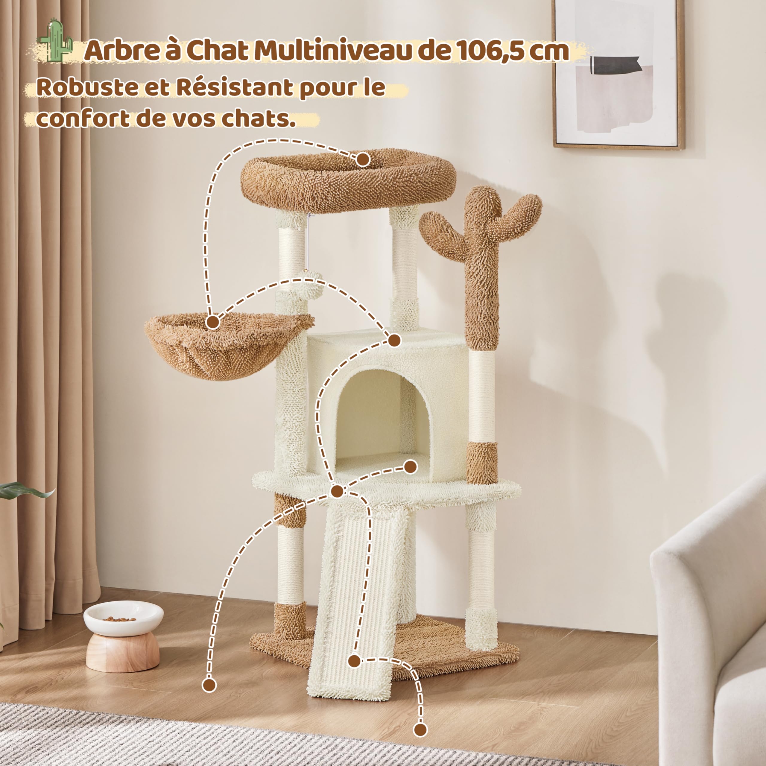 Yaheetech Arbre à Chat Cactus Hauteur 106,5 cm Tour pour Chat en Tissu Moppy avec Poteaux en Sisal Plateformes Niche Panier Perchoir Griffoirs Maison (Beige/Marron)