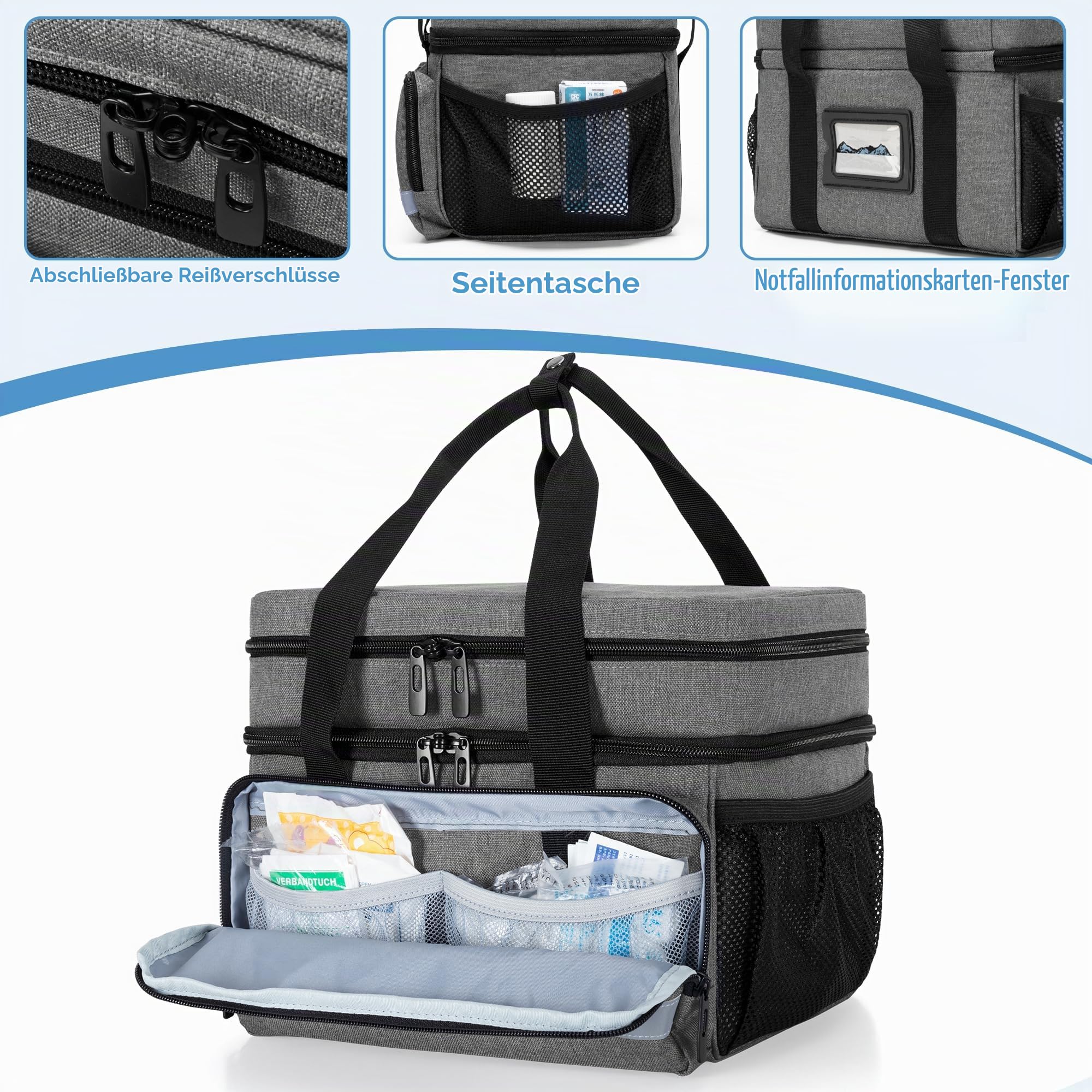 CURMIO Doppelschicht Medizinische Tasche, Reiseapotheke Organizer, Grau