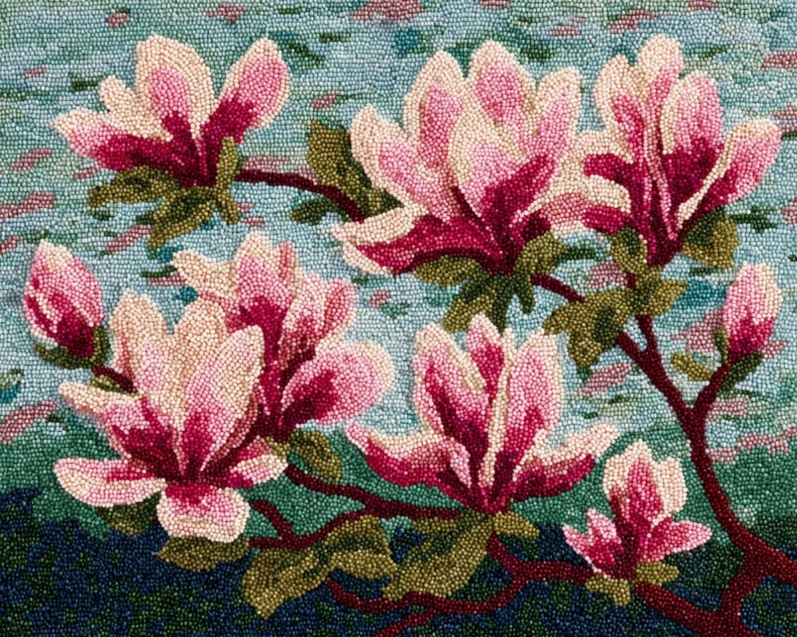 Wallphantom Latch Hook Kits for Adults,Beautiful Magnolia Flowers,Pre-Printed Canvas DIY Rug Making Kit Crochet Yarn for Kids Beginners,Crafts Carpet for Home Decoration,52x38cm