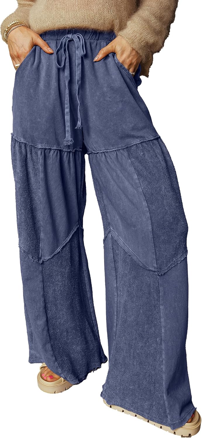 SELINK Casual Pants for Women Mineral Wash Lace-up Elastic High Waist Raw Hem Patched Pocket Solid Daily Trousers
