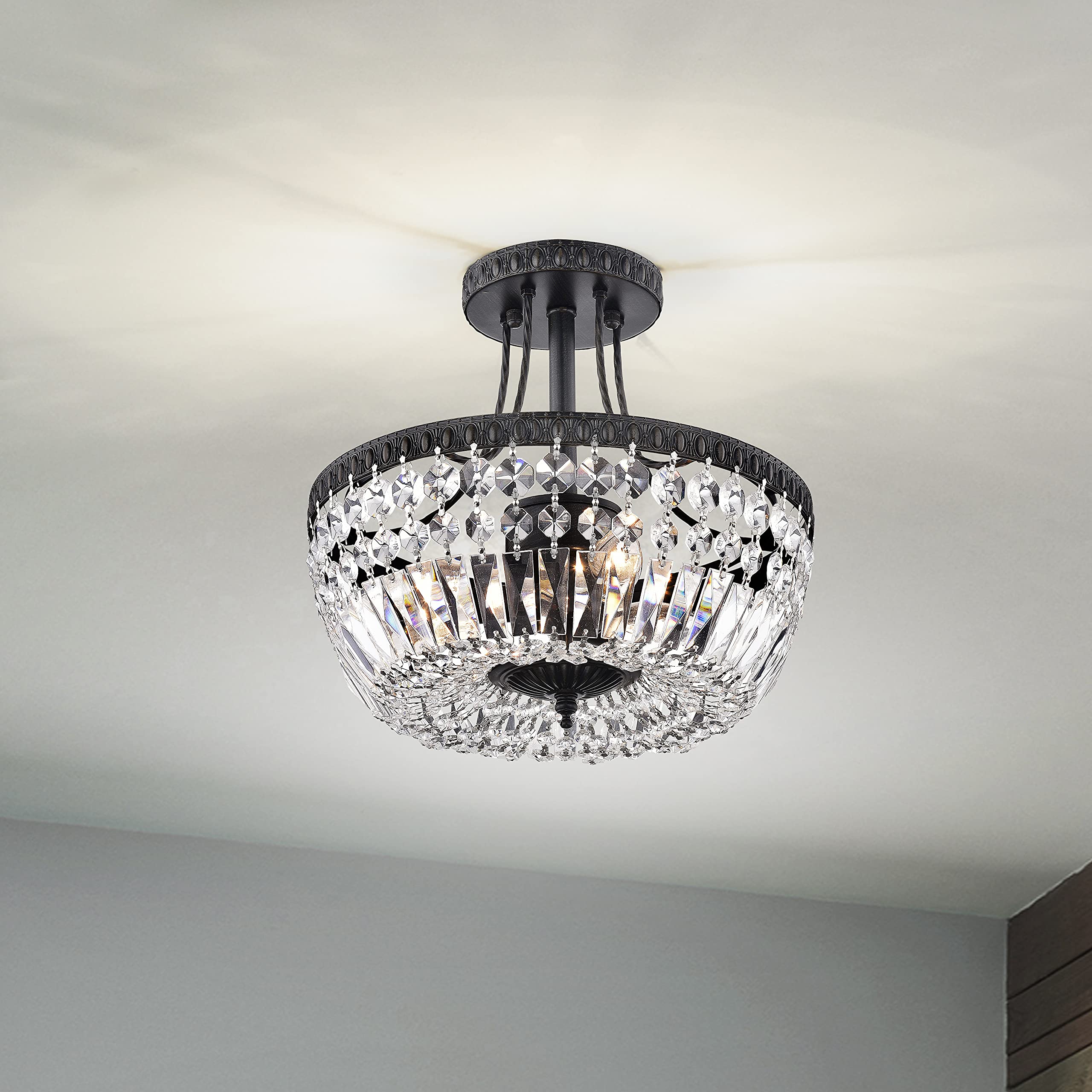 Crystal 3-Light Semi Flush Mount, for Guest Room, Kid Room, Office, Hallway, Closet, Small Rooms, 11.8" W