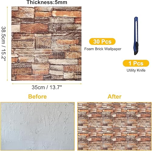 Miniatura 2 de uxcell Paneles de pared 3D para despegar y pegar, 30 piezas de papel tapiz de ladrillo de espuma para dormitorio, panel de pared de piedra