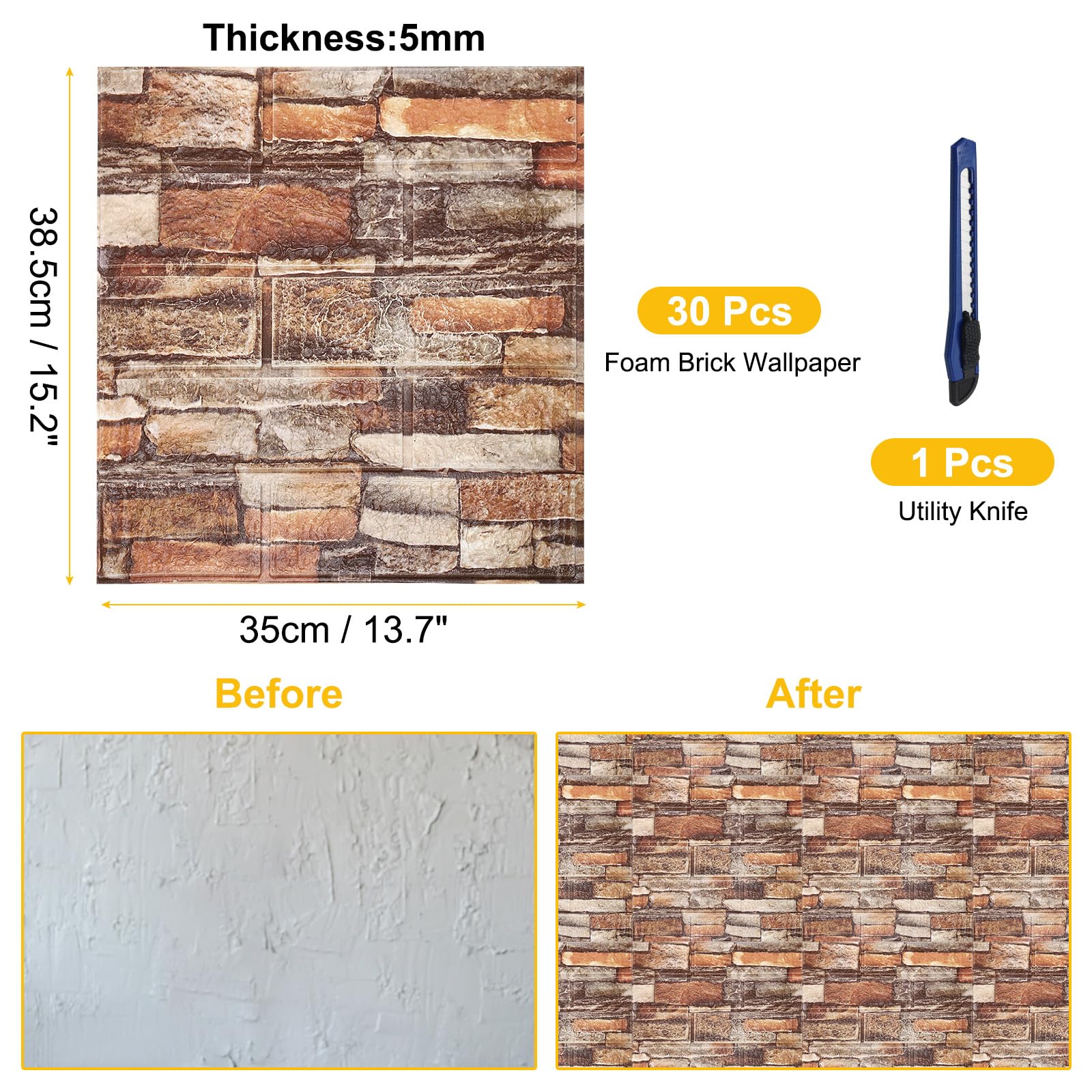 QUARKZMAN 3D Pared Paneles Pelar y Pegar, 30uds Espuma Ladrillo Tapiz Papel para Dormitorio Imitación Piedra Pared Panel Autoadhesivo Tapiz Papel (Marrón Ladrillo)