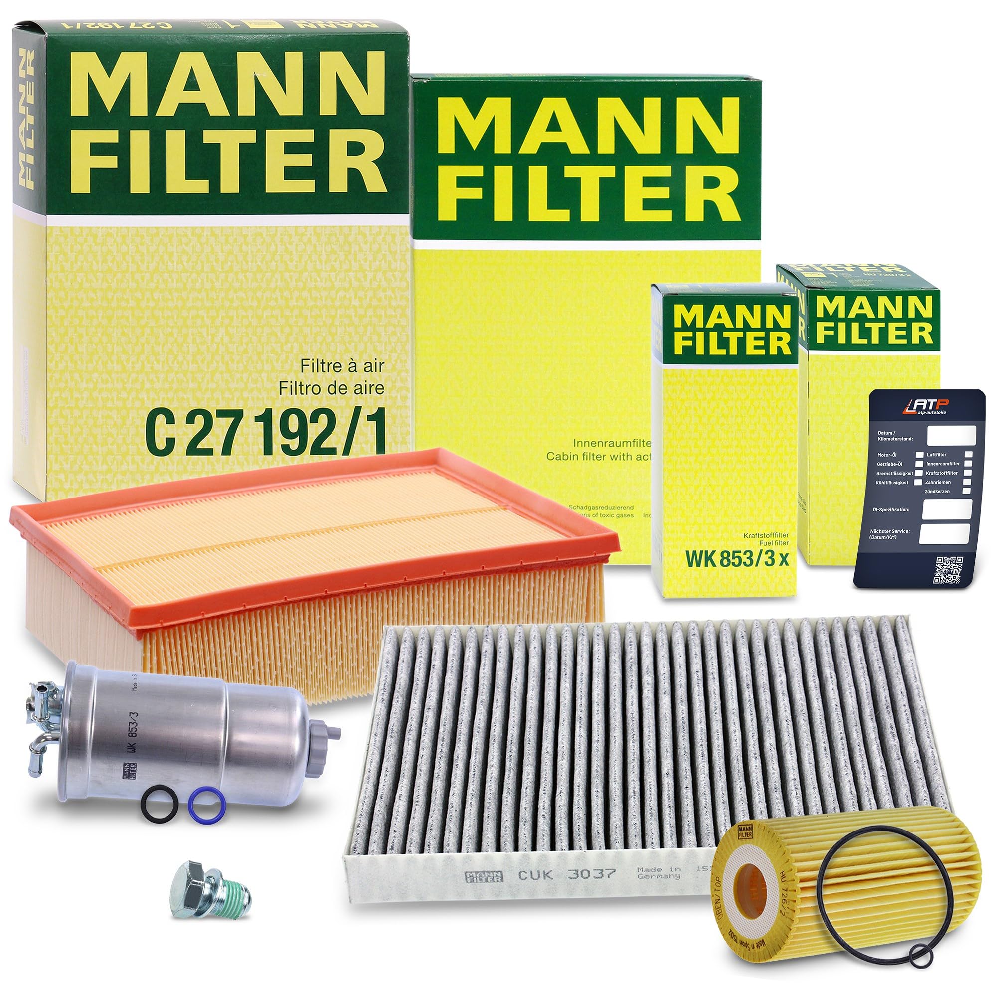 MANN-FILTER Inspektionspaket Filterset 1x Ölfilter, 1x Luftfilter, 1x Innenraumfilter, 1x Kraftstofffilter, 1x Ölablassschraube Kompatibel mit AUDI A4 B6 (8E2)(8E5)(8H7) A4 B7 (8EC)(8ED)(8HE)