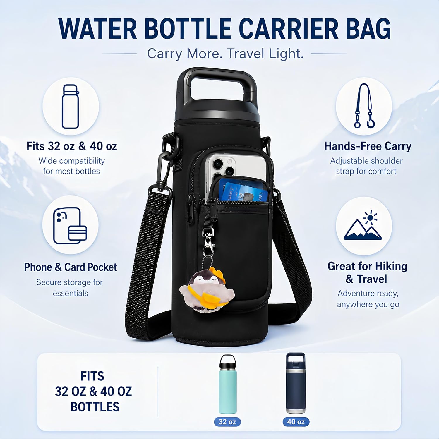 Water Bottle Holder with Strap for Hydroflask & Owala 24/32/40 oz, Insulated Neoprene Crossbody Sling Carrier with Dual Storage & Phone Pocket, Portable Flask Sleeve for Hiking Gym Travel image 2