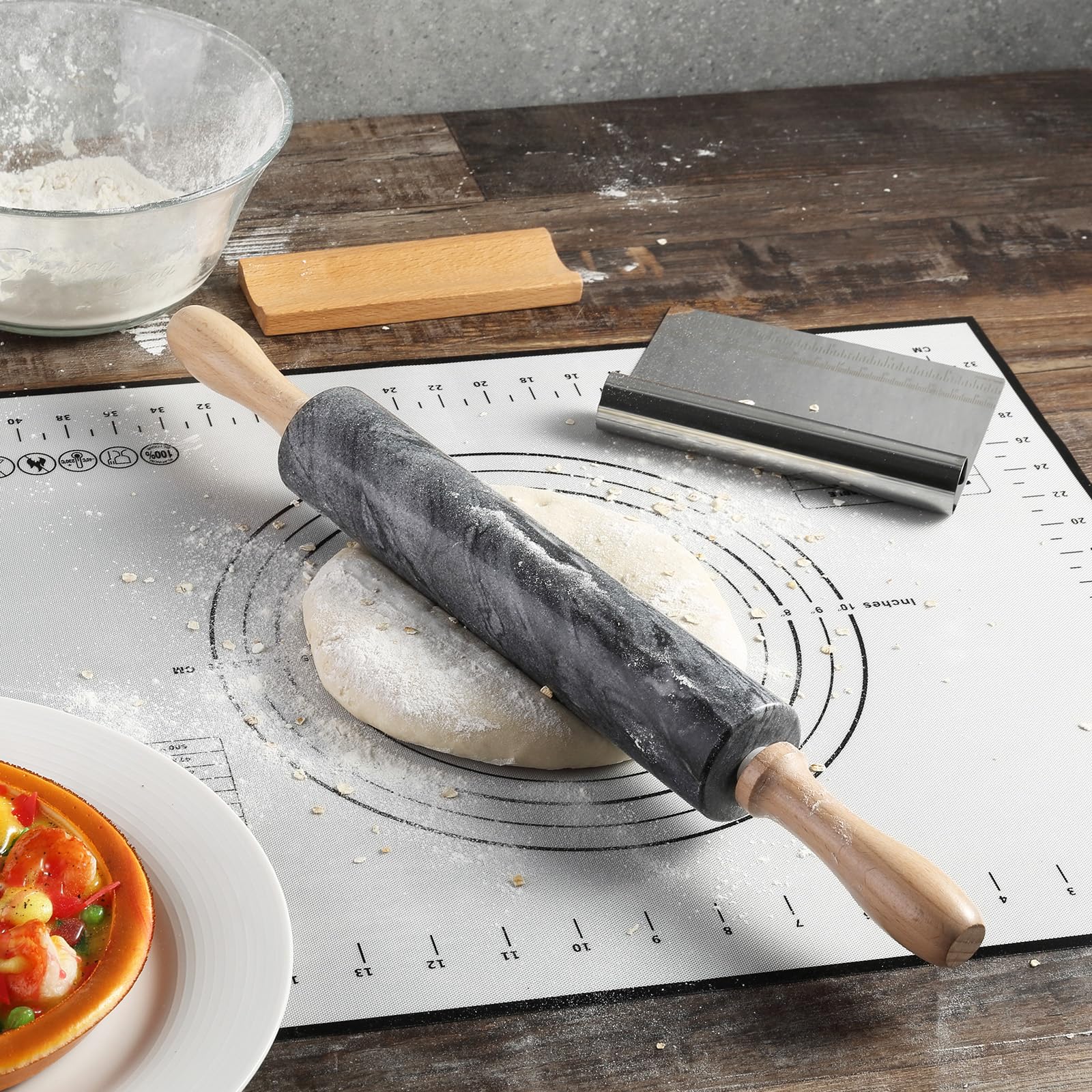 Koville Rodillo de mármol natural africano, rodillo de masa pulido antiadherente, pasta, albóndigas, fondant, corteza de pastel, pan, masa de pizza, herramientas de repostería para hornear de cocina