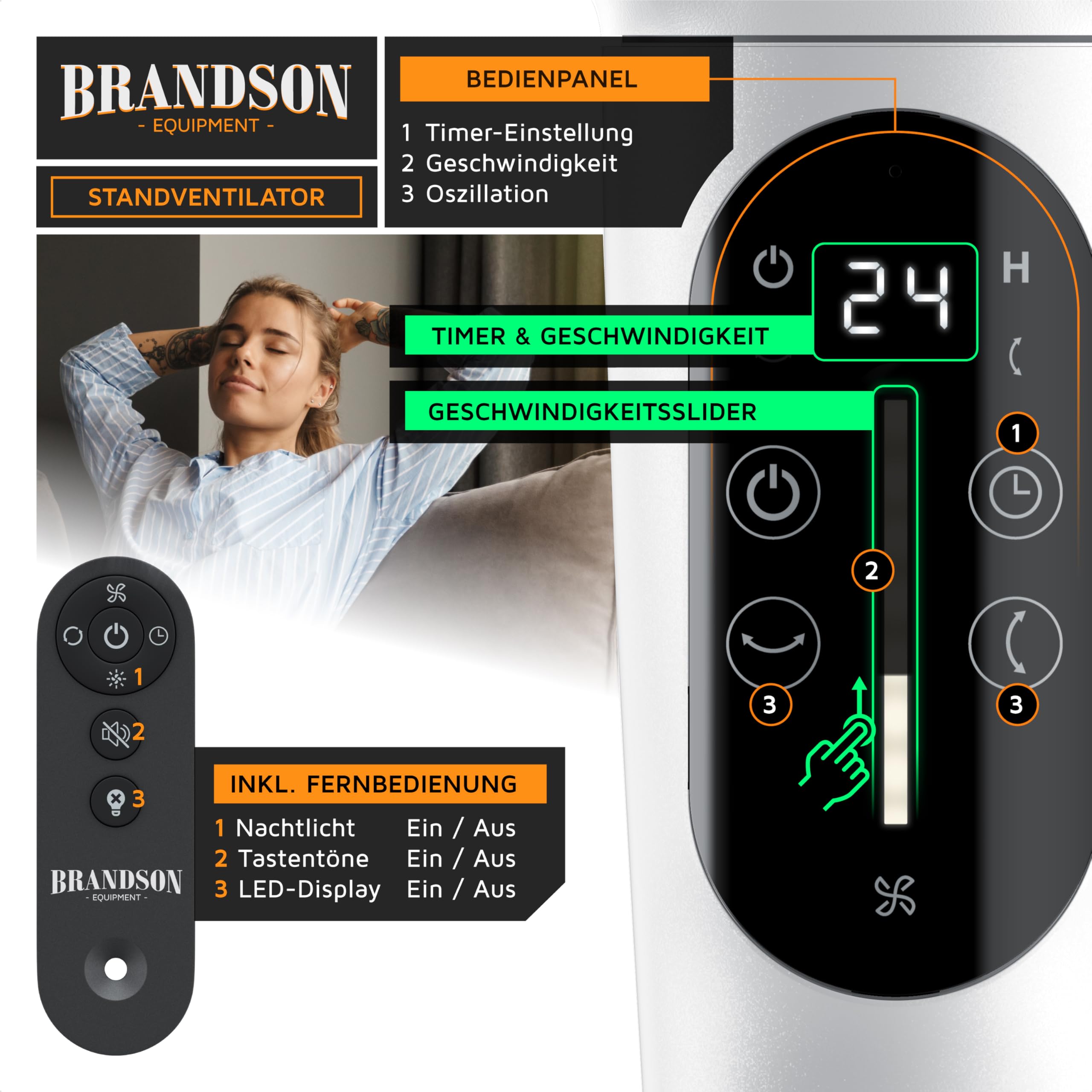 Brandson - 3D Standventilator mit ECO DC Motor – sehr leise – Preisträger 2026-60% Energieeinsparung – Ventilator mit 24 Geschwindigkeiten – horizontale und vertikale Oszillation – Fernbedienung