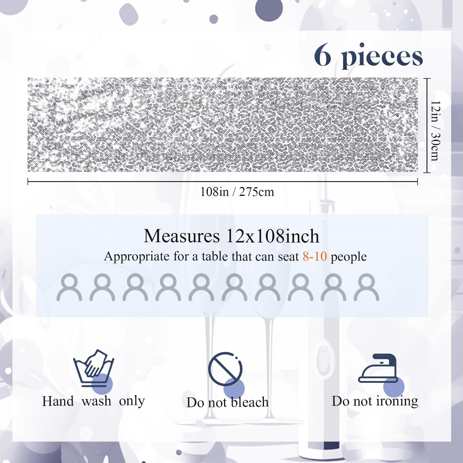 Newwiee 48 sztuk cekinowych szarf na krzesło, kokardki, szarfy na krzesła i 6 szt., cekinowy bieżnik na stół, na urodziny, wesele, bankiet, święta, dekoracje imprezowe (srebrne)